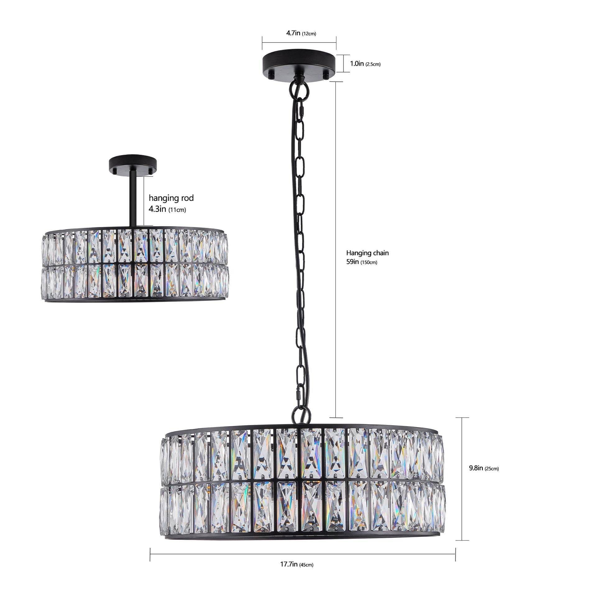 Modern Crystal Drum Chandelier, 6 Light Pendant Lighting Fixture With Black Metal Frame For Living Room, Dining Room, And Bedroom Bulbs Not Included Black Crystal Iron