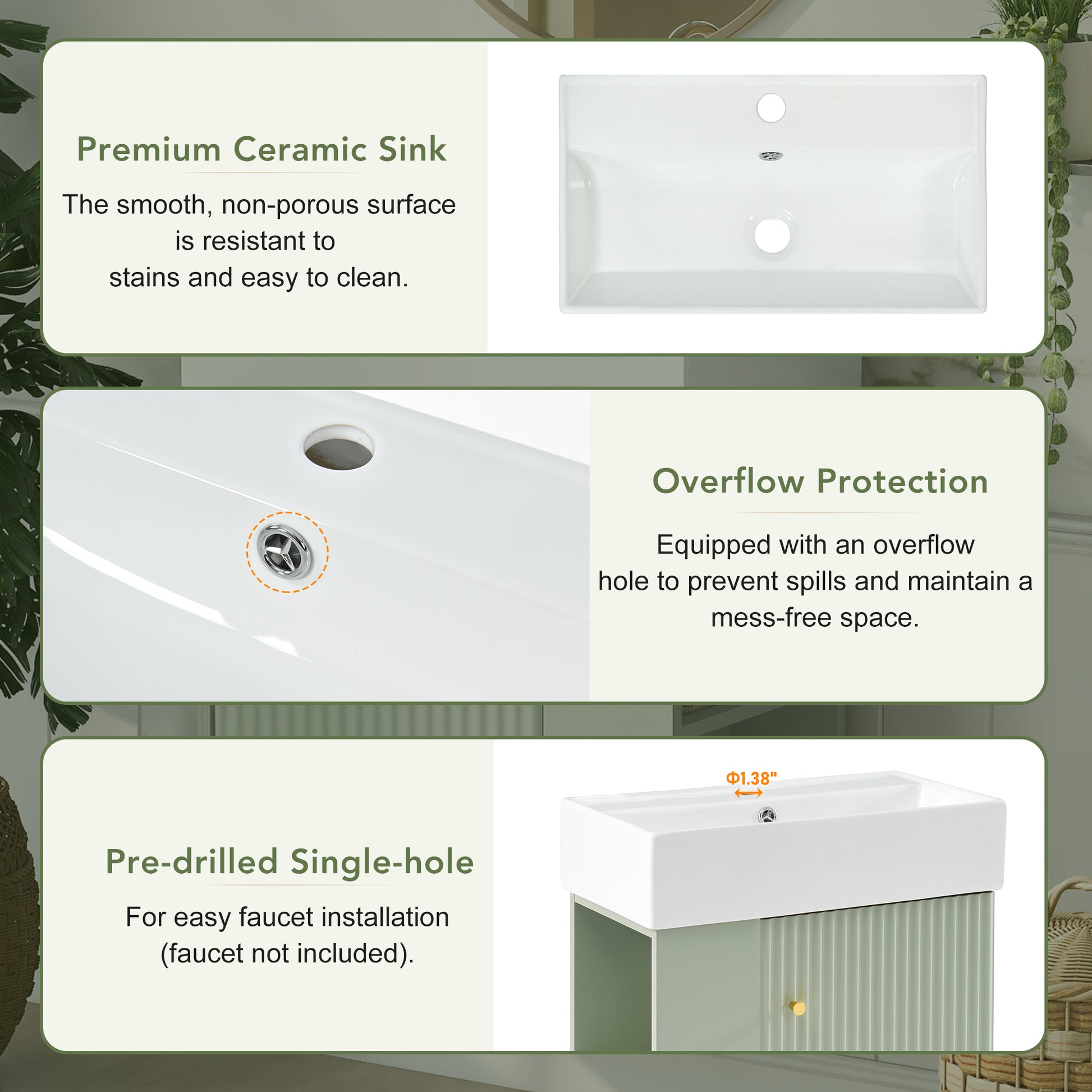 Video 21.6 Inch Modern Floating Bathroom Vanity With Ceramic Basin Perfect For Small Bathrooms, Left Side Storage Green Bathroom Ceramic Mdf