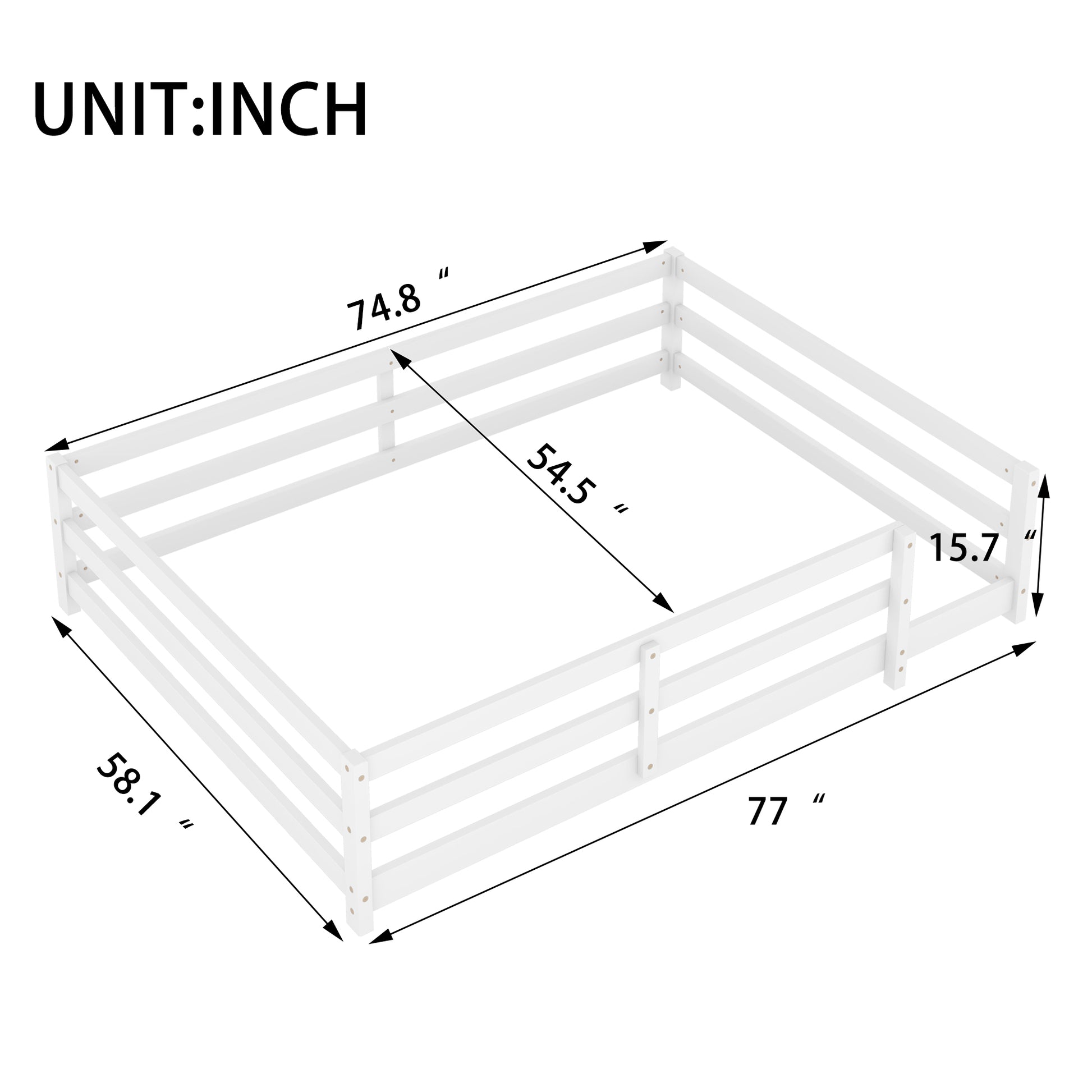 Full Size Floor Bed, Montessori Floor Bed With Fence, Kids Montessori Bed Full Size, Wood Montessori Floor Bed For Kids, Girls, Boys White White Wood Metal