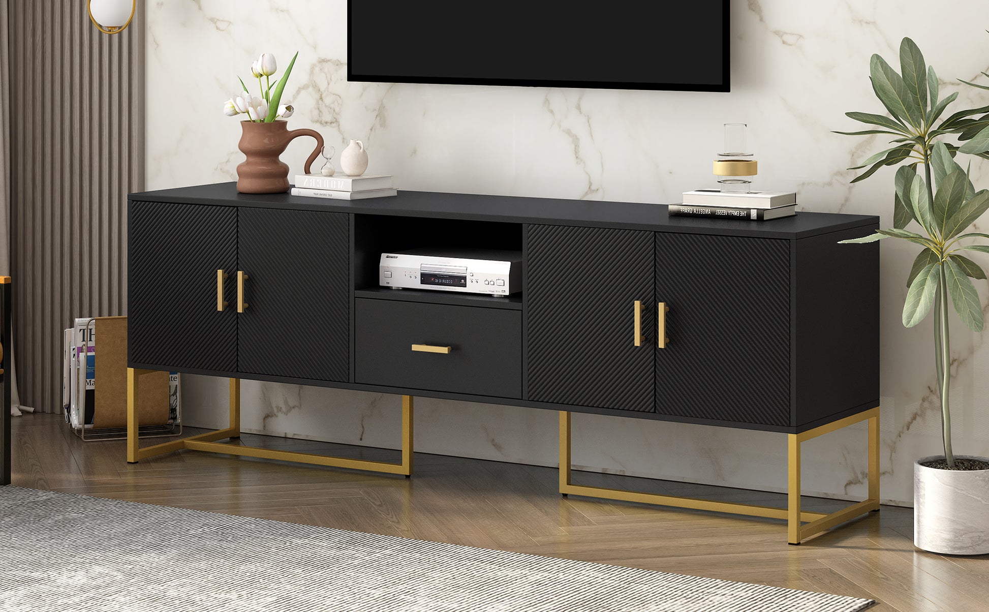 Modern Tv Stand For Tv Up To 70 Inches,Tv Cabinet With 1 Drawer, 2 Cabinets And Metal Legs, Handles And Anti Tip Device For Living Room Black 70 79 Inches Mdf