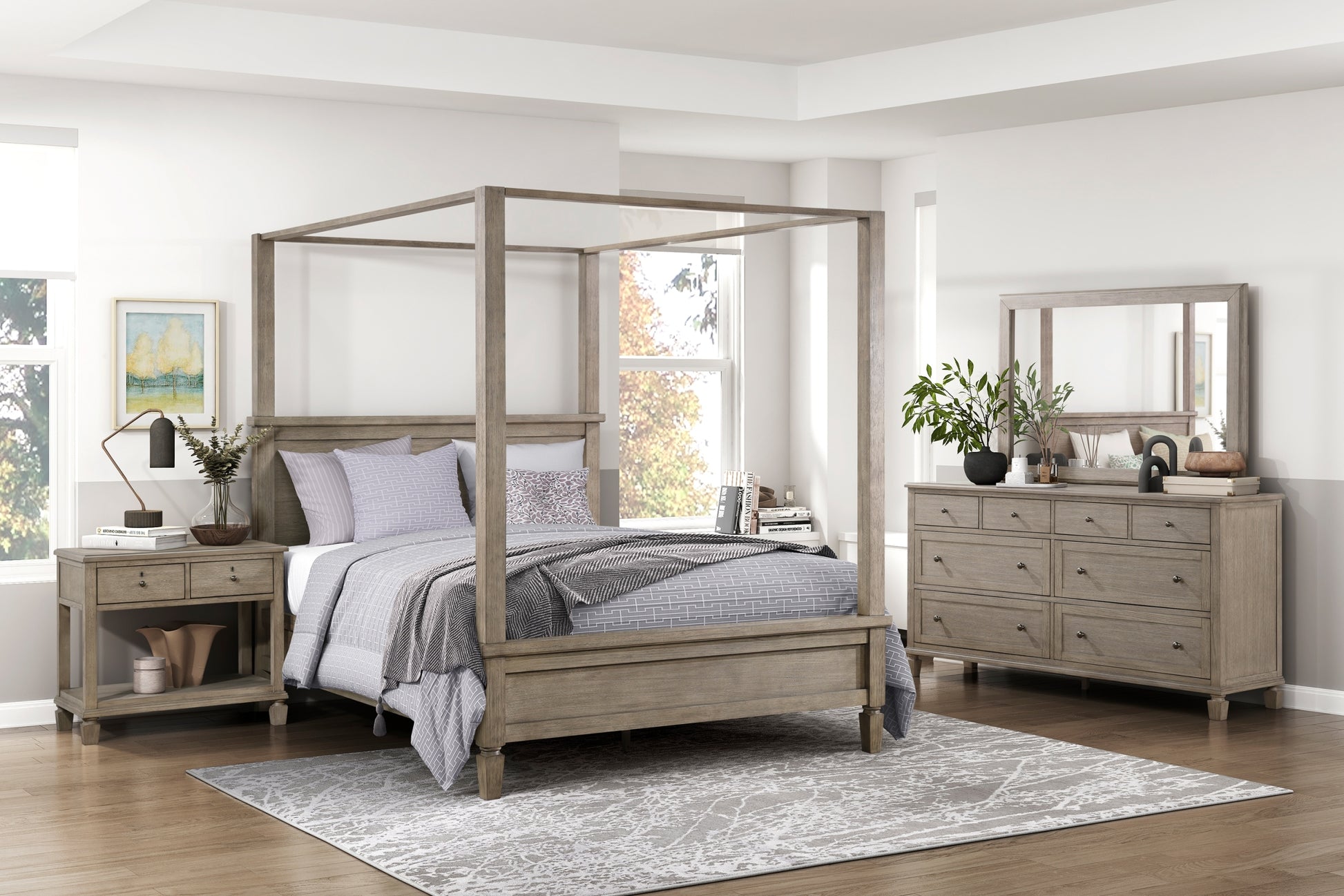 Gray Oak Finish Platform Queen Canopy Bed 1Pc Durable Wooden Bedroom Furniture Poster Bed Box Spring Not Required Queen Oak Wood Bedroom Canopy Wood