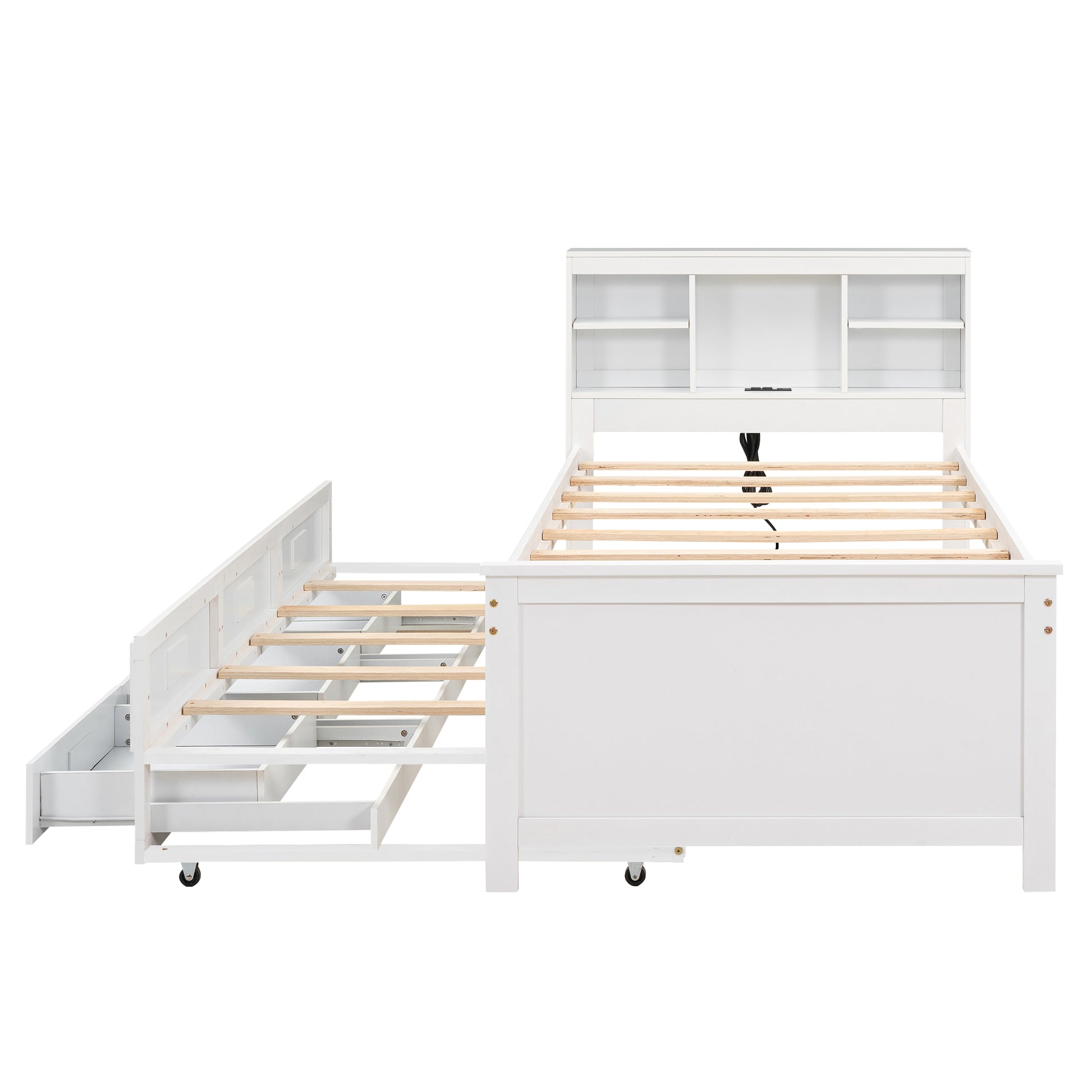 Twin Size Platform Bed With Storage Headboard, Usb, Twin Size Trundle And 3 Drawers, White Box Spring Not Required Twin White Wood Bedroom Bed Frame Solid Wood Mdf