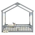 Double Twin House Style Floor Bed With Fence, Guardrails, Without Door, Grey Twin Grey American Design Pine