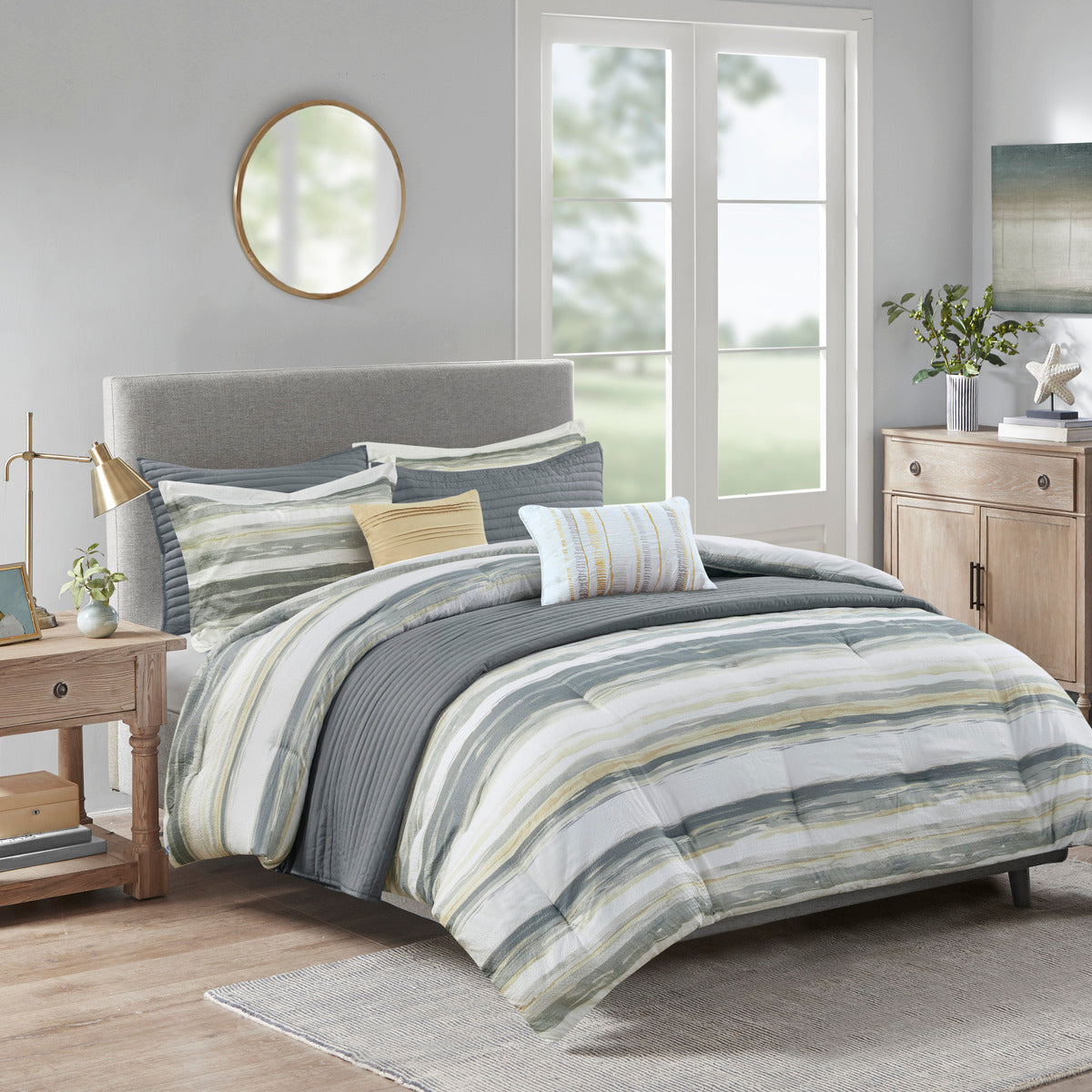 8 Piece Printed Seersucker Comforter And Quilt Set Collection Yellow King Cal King King Yellow Polyester