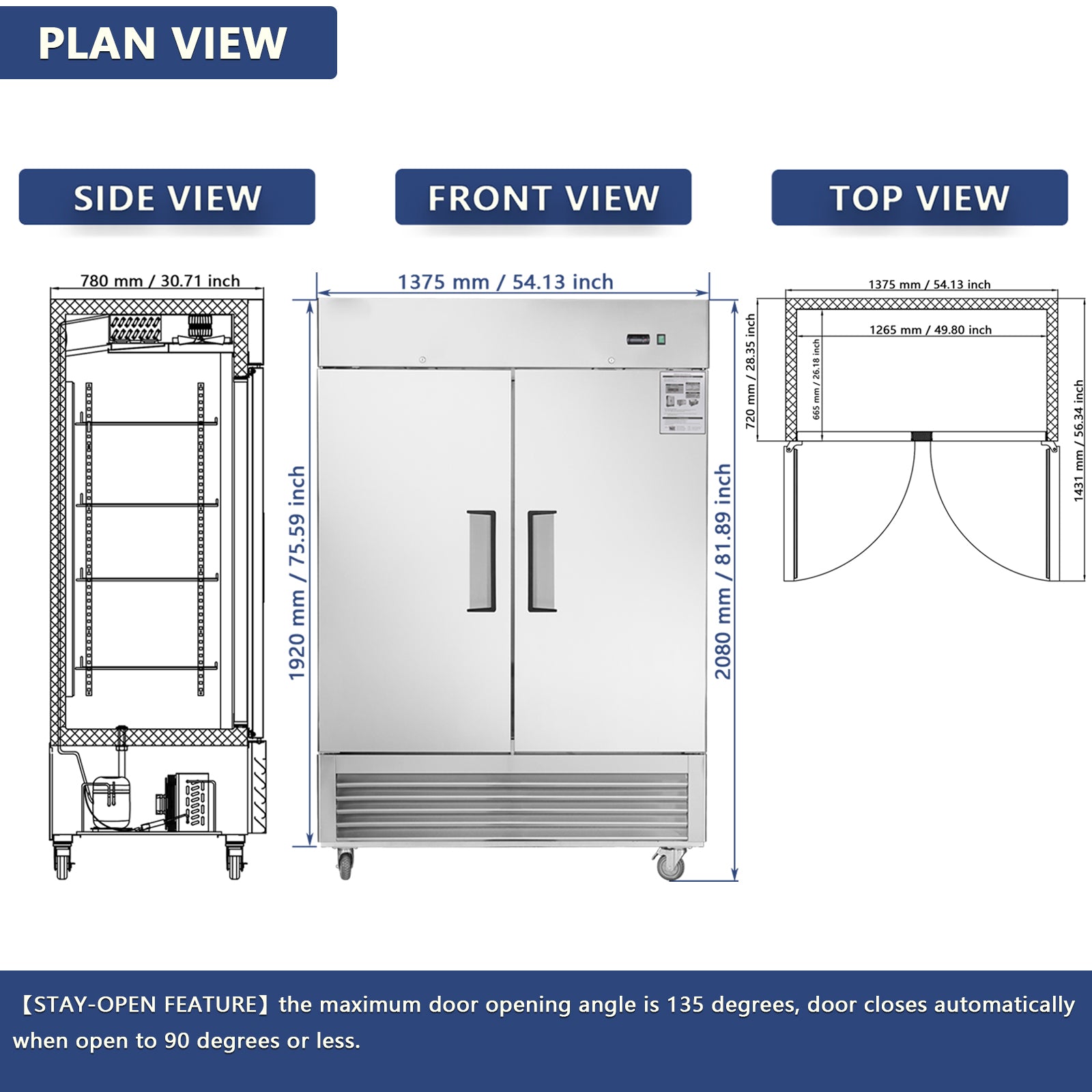54"W Commercial Freezer 2 Section 2 Solid Door Stainless Steel Interior And Exterior Construction Reach In Freezer 42.2 Cu.Ft. Upright Fan Cooling Freezer For Restaurants And Commercial Environments