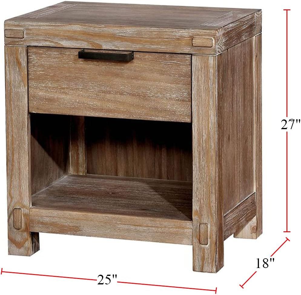 Rustic Weathered Light Oak 1Pc Nightstand Black Bar Pull Bedroom Furniture Bedside Table 1 Drawer Light Oak 1 Drawer Bedroom Bedside Cabinet Contemporary,Modern Solid Wood Solid Wood