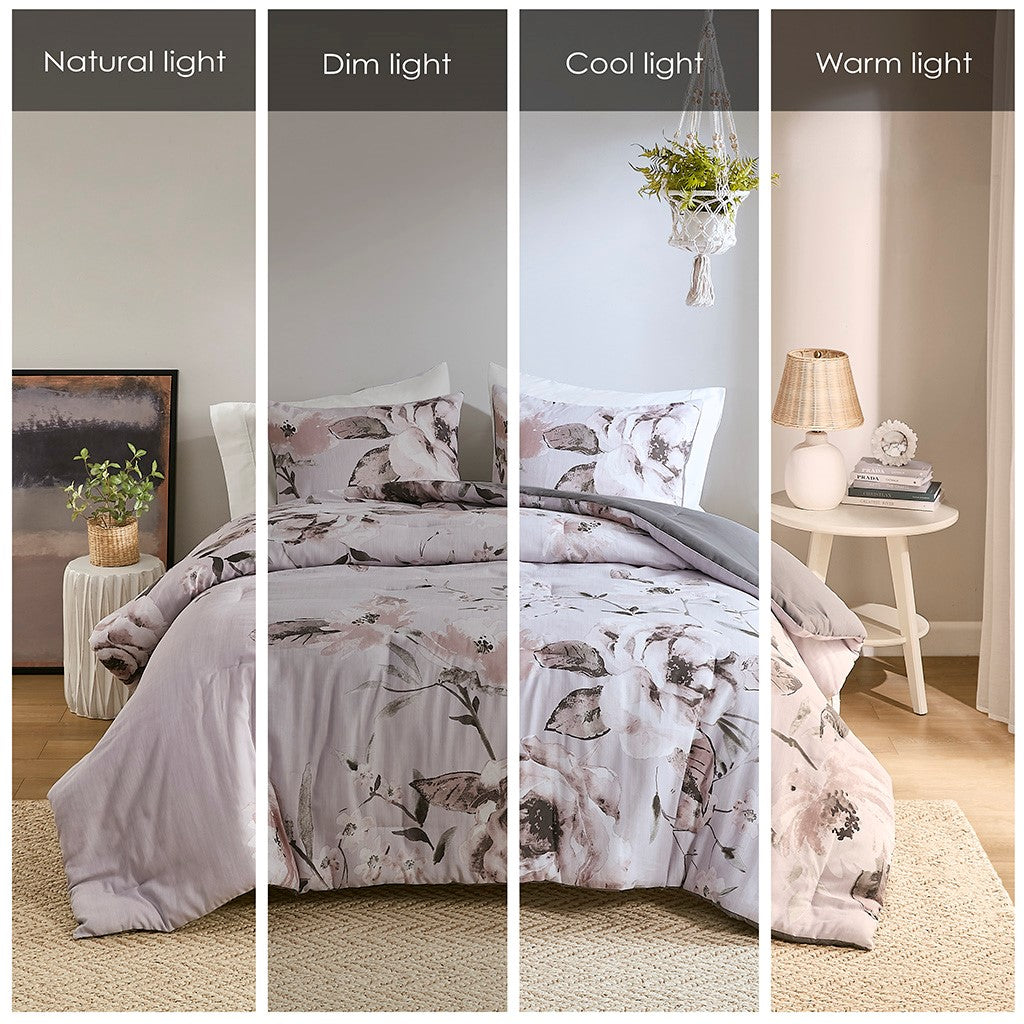 3 Piece Floral Printed Comforter Set Lilac Full Queen Full Lilac Cotton