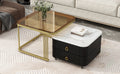 2 In 1 Square Nesting Coffee Table With Wheels & Drawers, Stackable Side Table With High Gloss Marble Grain Top, End Table Set With Brown Tempered Glass For Living Room, Black Black Gold Primary Living Space Drawers Square Mdf Steel