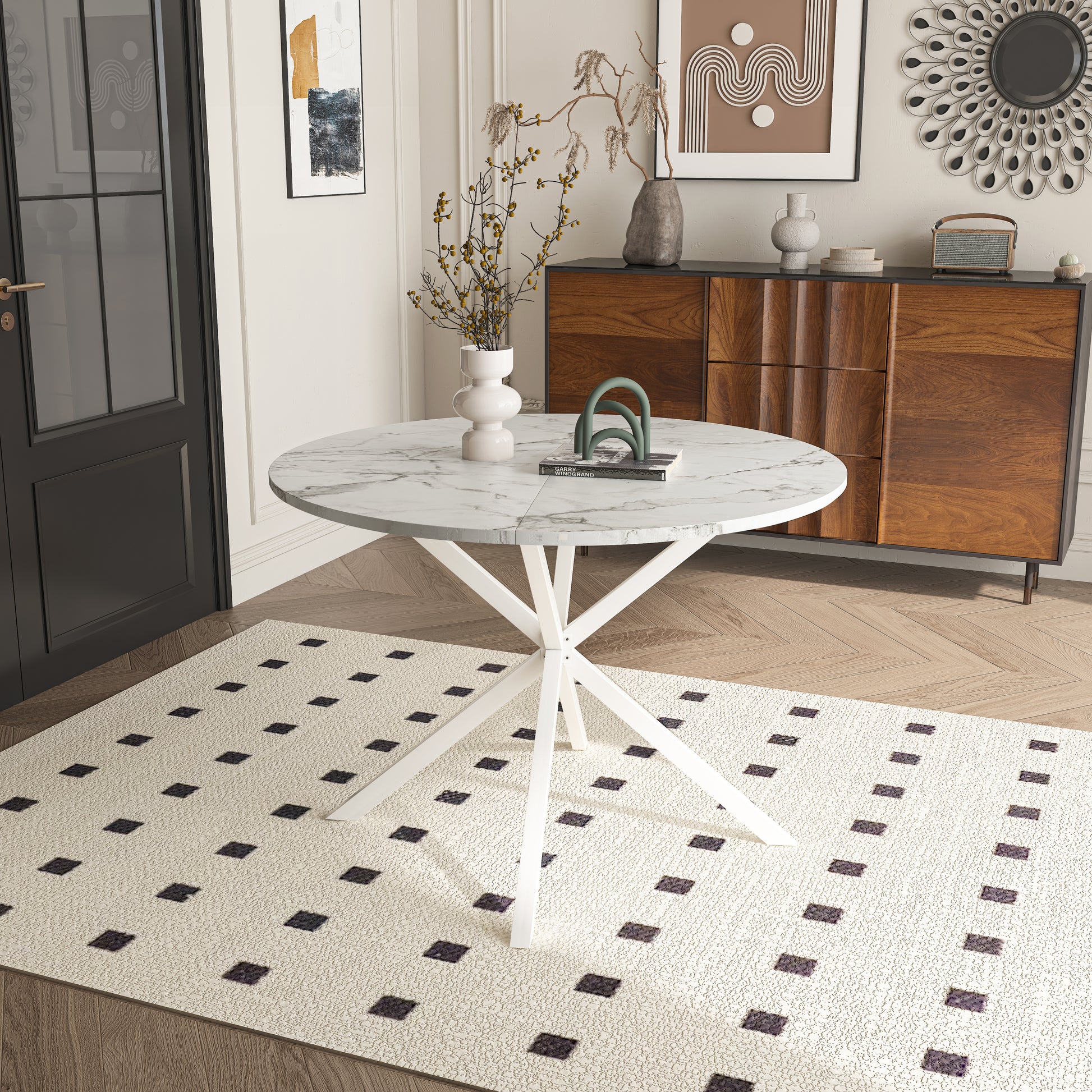 42.13'' Modern Cross Leg Round Dining Table, White Marble Top Occasional Table, Two Piece Removable Top, Matte Finish Iron Legs White Mdf Metal