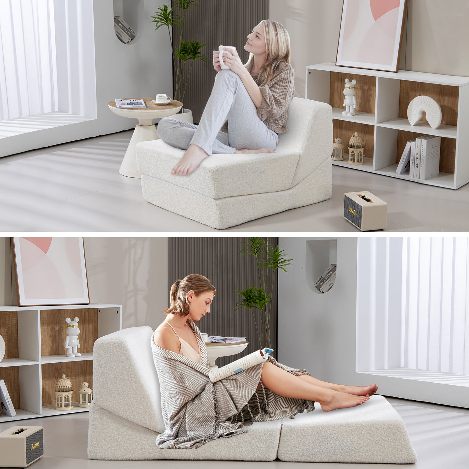 Folding Sofa Bed Couch Unfold For Comfortable Nap Modular Play Couch For Living Room The Office Room Playroom White Color White Primary Living Space Memory Foam And Polyurethane Foam Polyester Blend