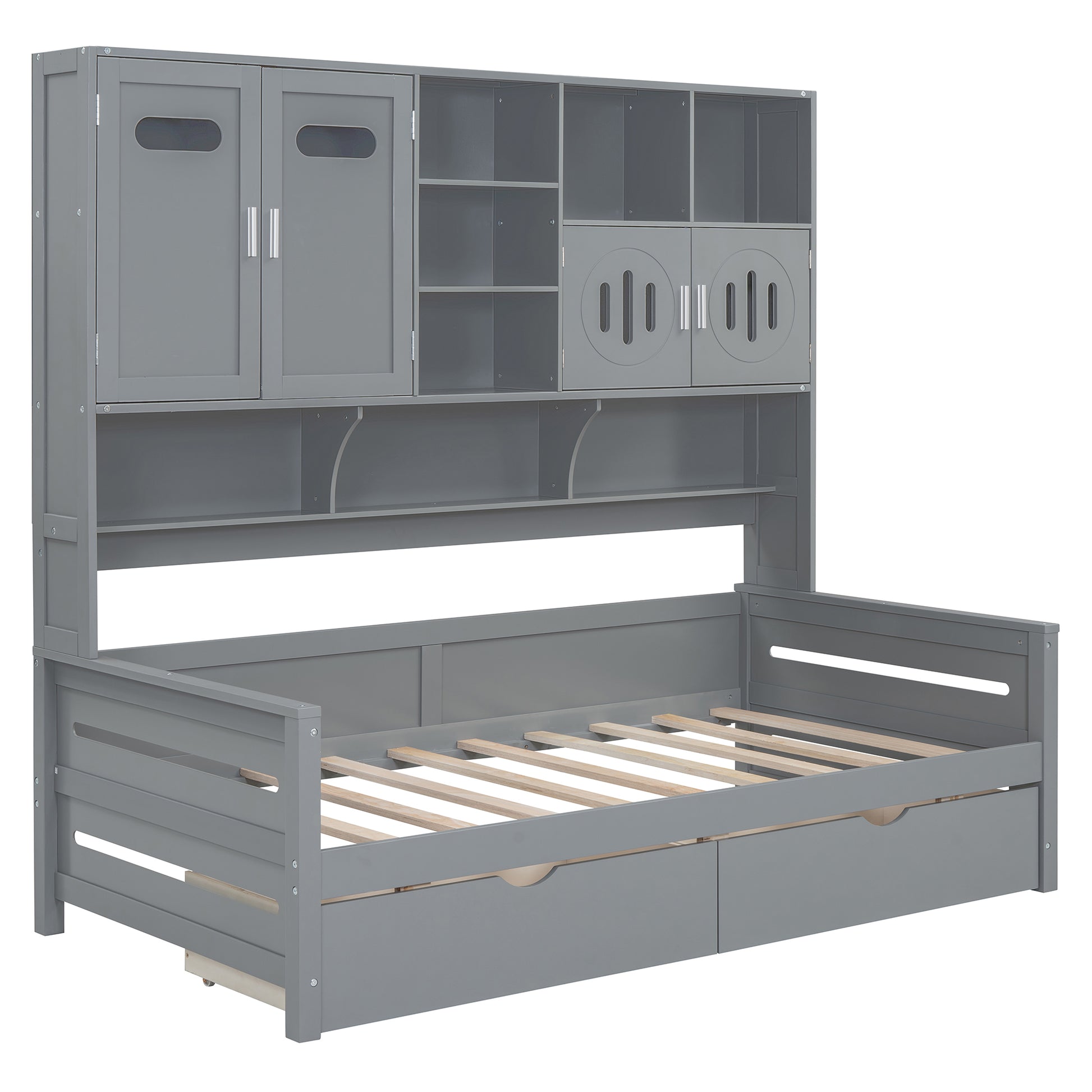 Twin Size Wooden Daybed With 2 Drawers, And All In One Cabinet And Shelf, Gray Twin Gray Wood