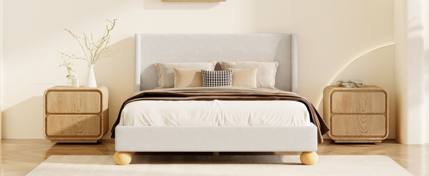 Modern Boucle Upholstered Platform Bed With Wingback Headboard And Round Wooden Legs, Beige,King Size Box Spring Not Required King Beige Wood Bedroom Modern Bed Frame Boucle Wood