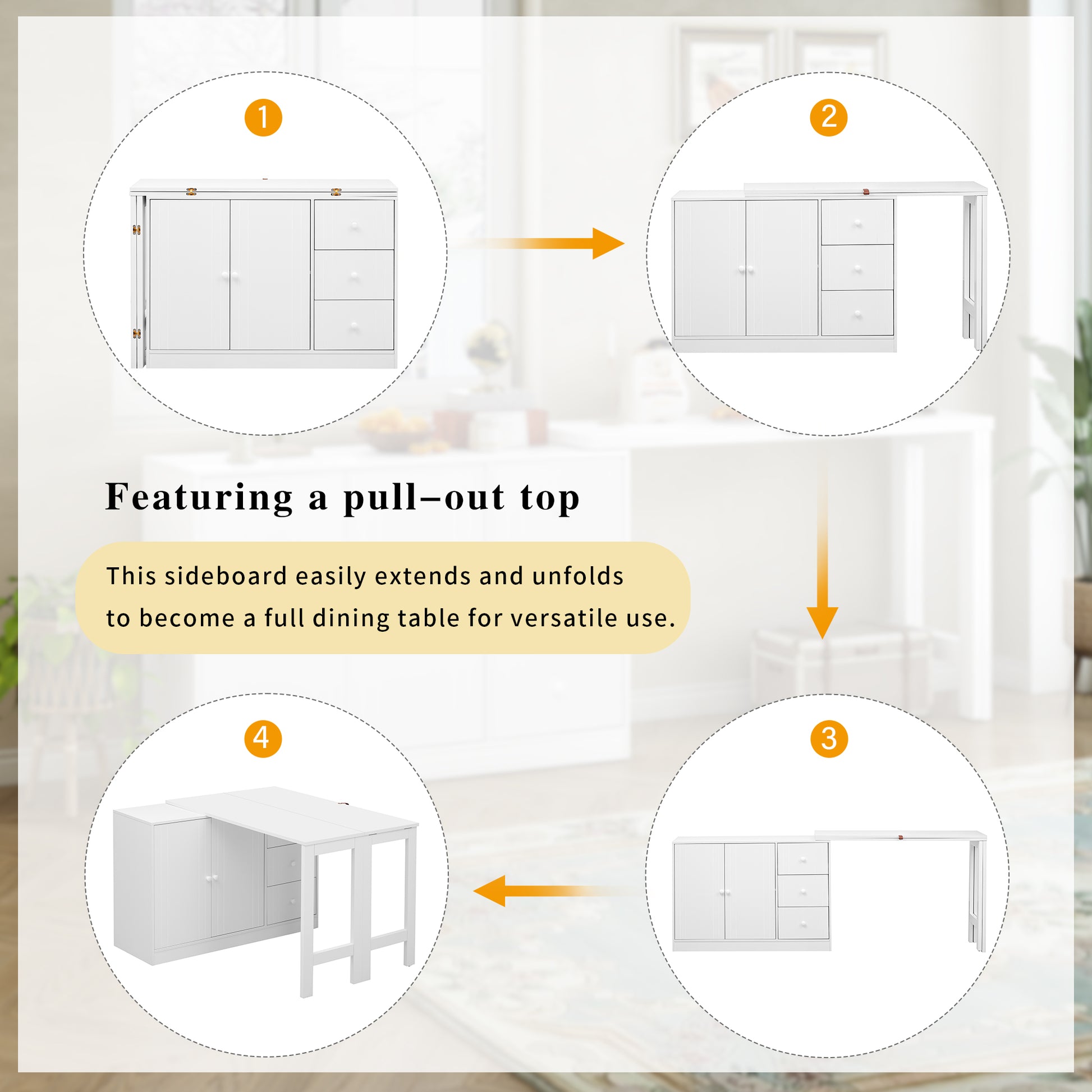 Innovative Sideboard That Effortlessly Converts Into A Dining Table And Adjustable Pull Out Top For Flexible Use,Suitable For Study,Entrance And Living Room White Primary Living Space American