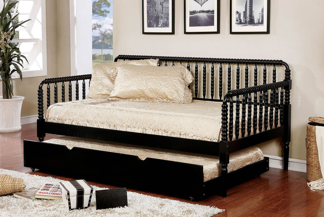 Black Wooden Twin Day Bed Unique Design Railing Headboard Platform Bed 1Pc Day Bed W Trundle Twin Black Wood Bedroom Antique,Classic,Traditional Solid Wood