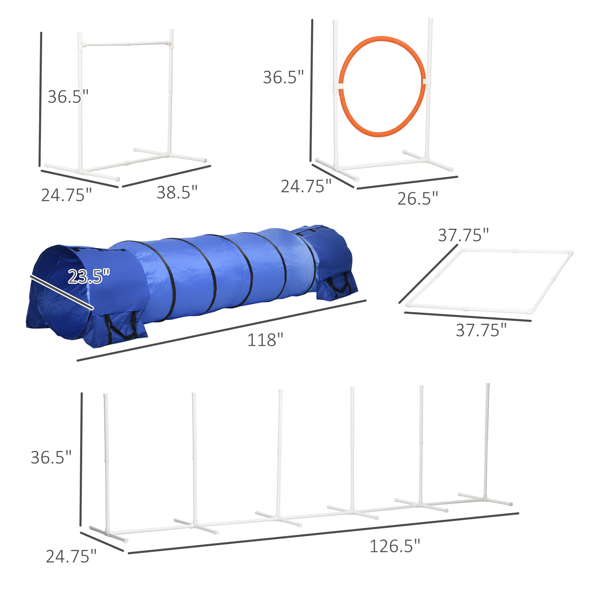 Pawhut Dog Agility Training Equipment With 9.8' Tunnel & Canine Whistle, Dog Obstacle Course For Backyard With Pause Box, Includes Dog Agility Tunnel, Agility Jumps, Weave Poles, 8 Piece Blue Fabric