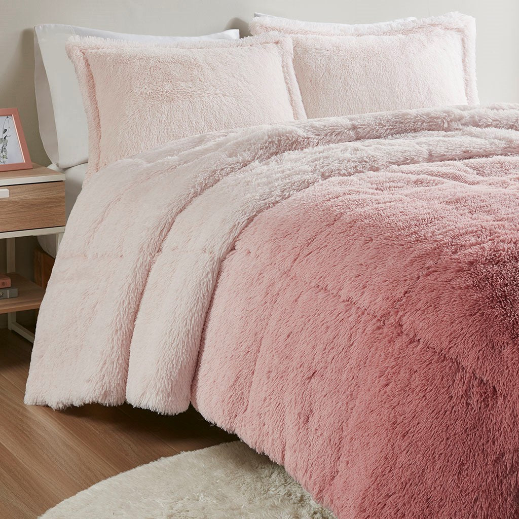 Ombre Shaggy Long Fur Comforter Mini Set King Blush Polyester