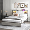 King Size Bed Frame With Led Light & Power Outlet, Platform Bed With Upholstered Headboard And Storage, Sturdy Metal Slats Support, No Box Spring Needed, Easy Assembly, Noise Free Box Spring Not Required King Dark Oak Metal Bedroom Modern Bed Frame Mdf