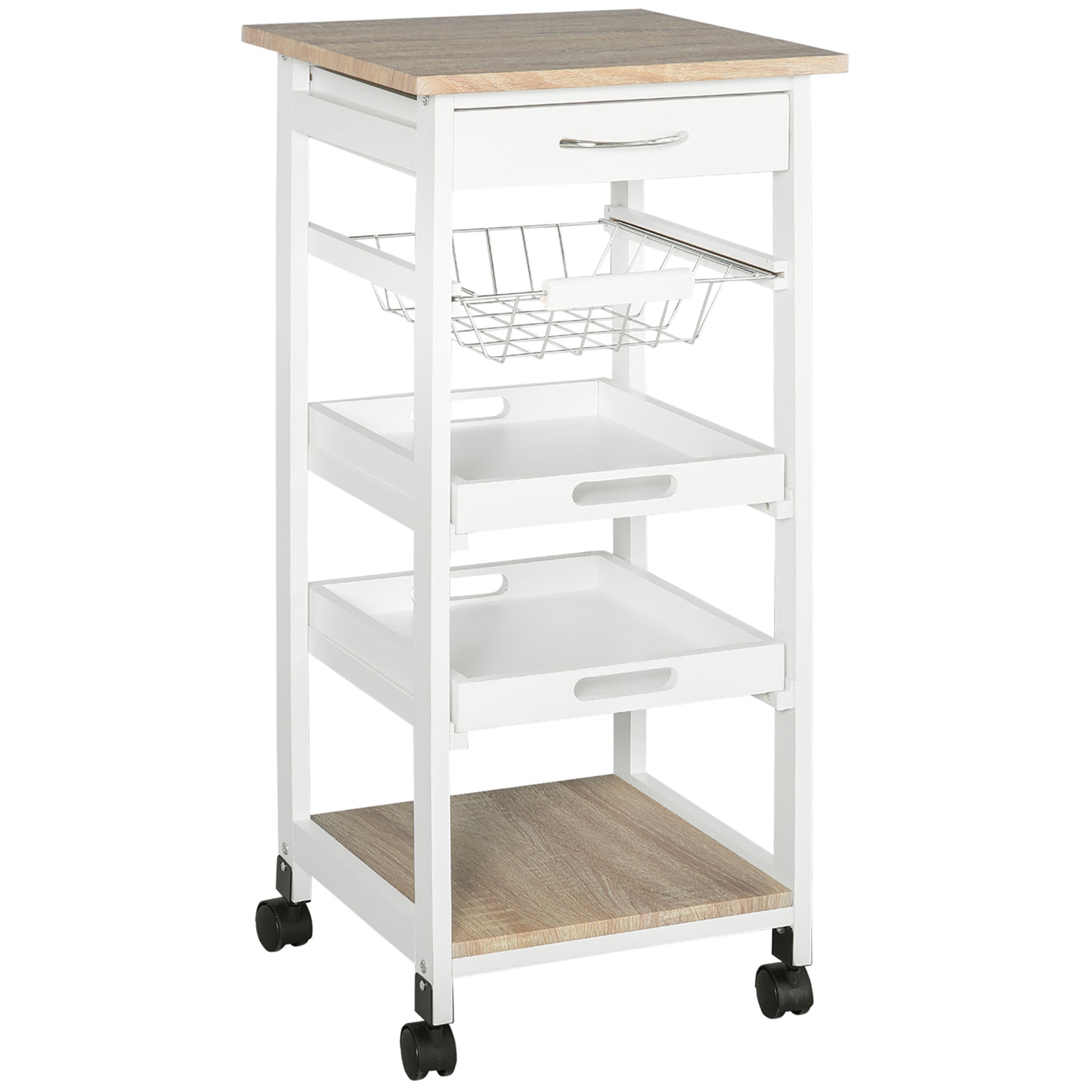 Homcom Mobile Kitchen Cart, Rolling Kitchen Island With Storage, Solid Wood Frame Utility Cart With Wire Fruit Baskets, Trays And Drawer, White White Mdf