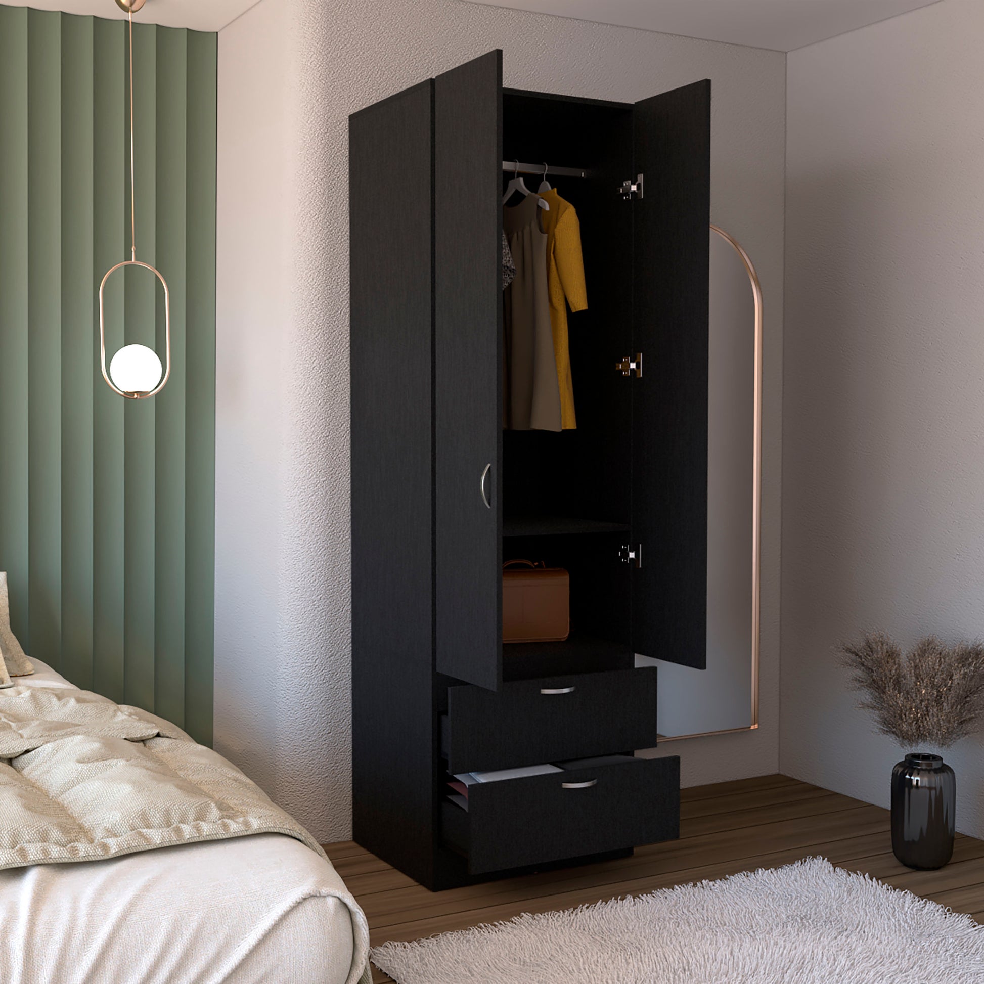 Vico Armoire Wardrove 76" H, Hanging Rod, 2 Drawers, 1 Shelf, Black Black Solid Wood Mdf Engineered Wood