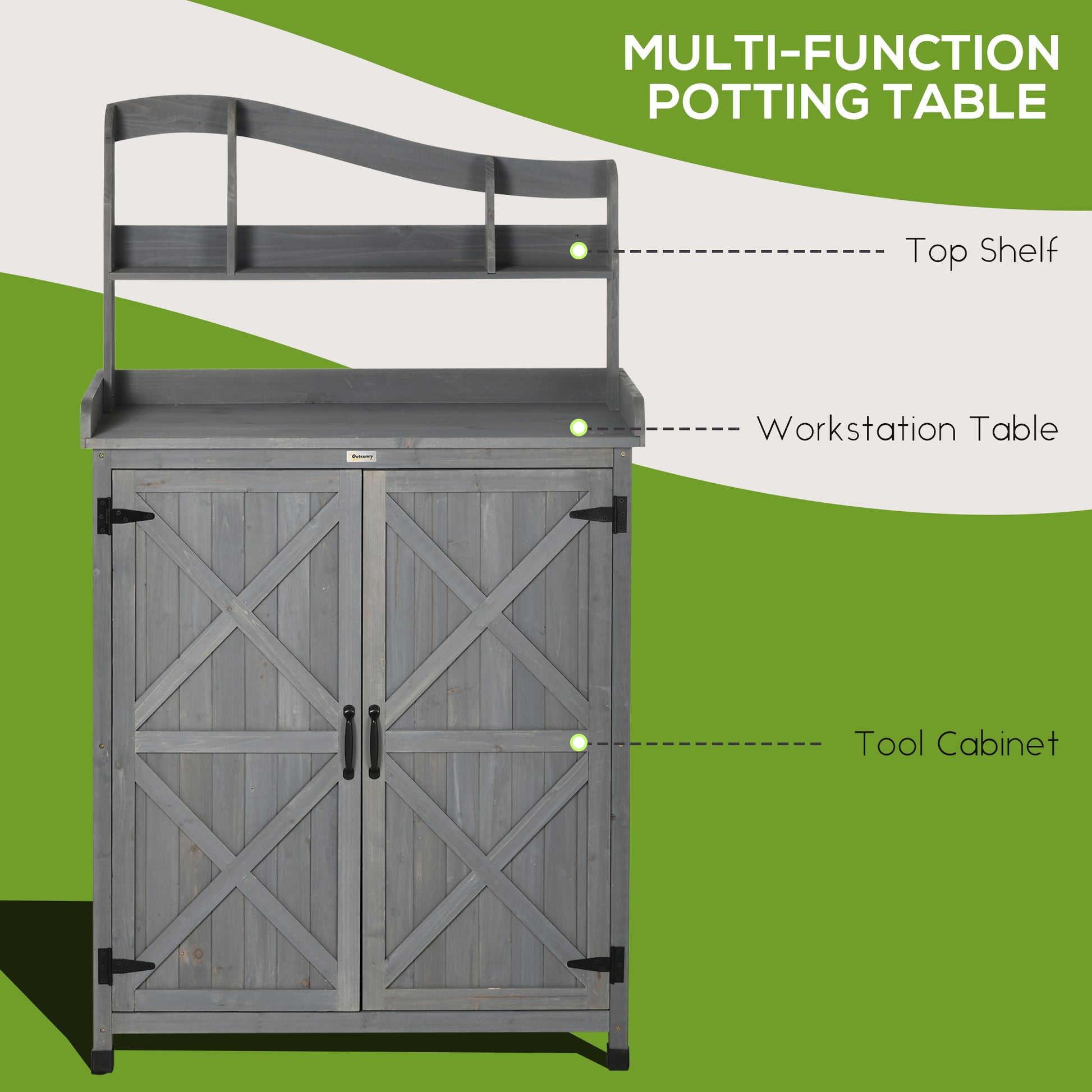 Outsunny Potting Bench Table, Outdoor Storage Cabinet, Multi Function Gardening Bench, Wooden Planting Workstation With Magnetic Doors, For Yard Tools Or Pool Accessories, Gray Dark Grey Wood