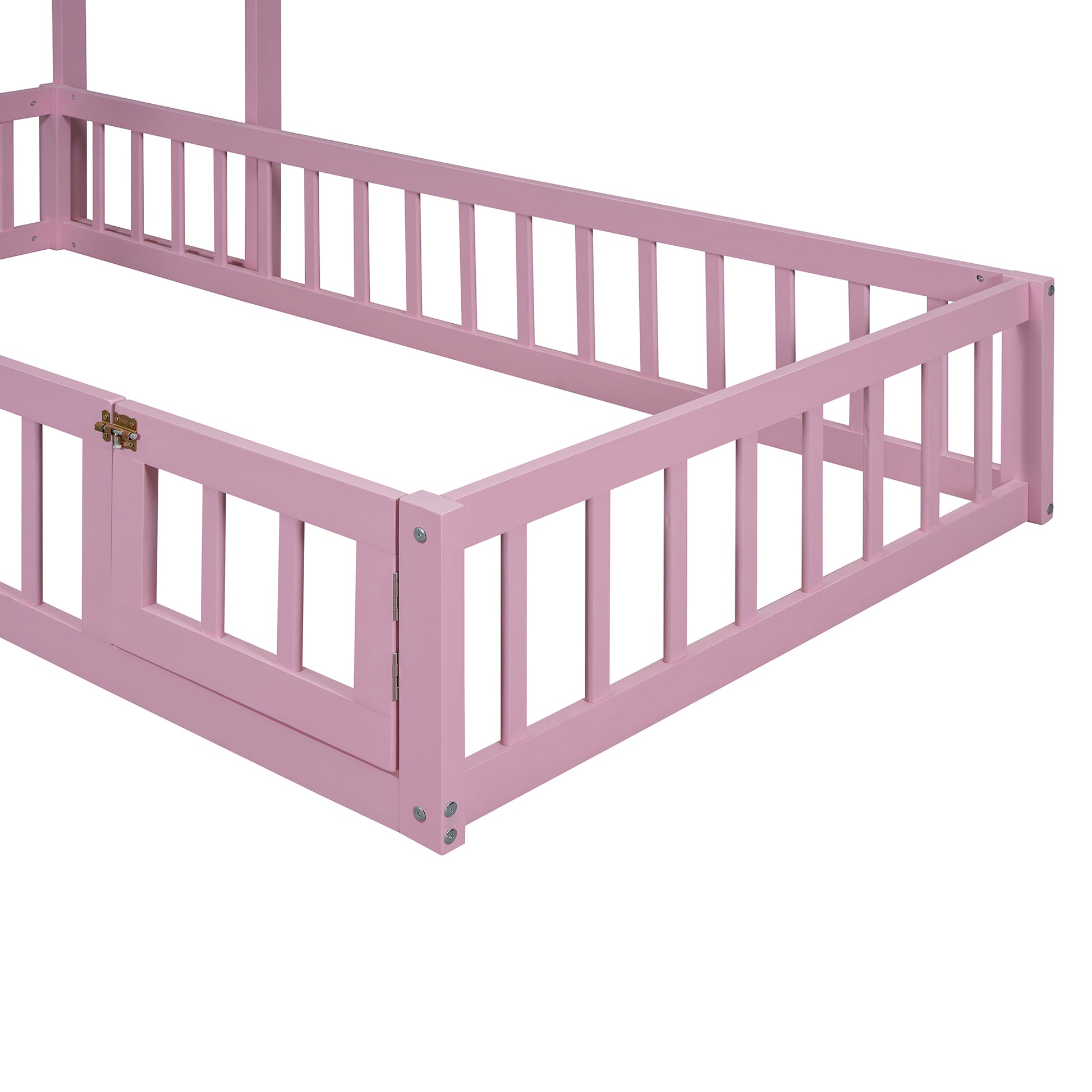 Wooden Floor Bed With Fence Railings And Detachable House Shape Headboard, Twin Size Bed With Kids Dress Up Rack, Kids Montessori Style Playhouse Frame For Girls Boys, Pink Twin Pink Wood