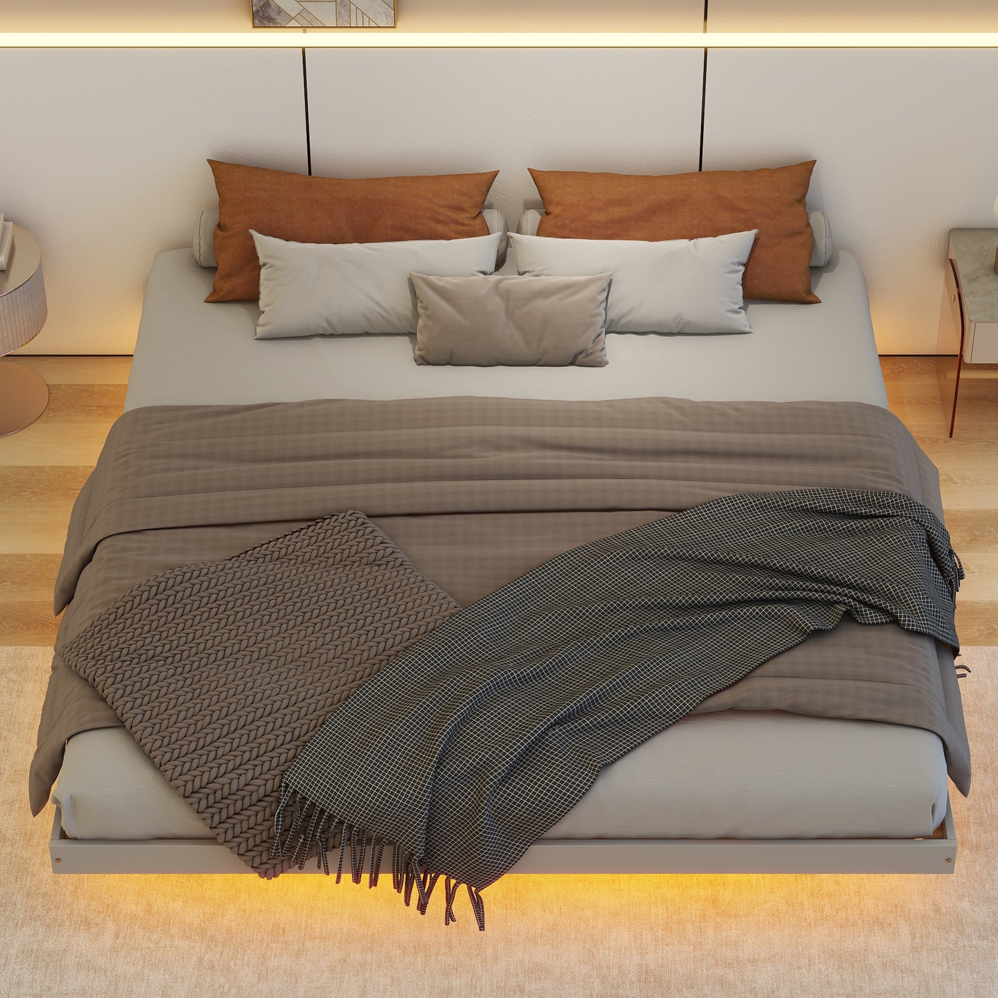 King Size Floating Bed With Led Lights Underneath,Modern King Size Low Profile Platform Bed With Led Lights,Grey King Grey Wood Bedroom American Design Pine Bed Frame Pine