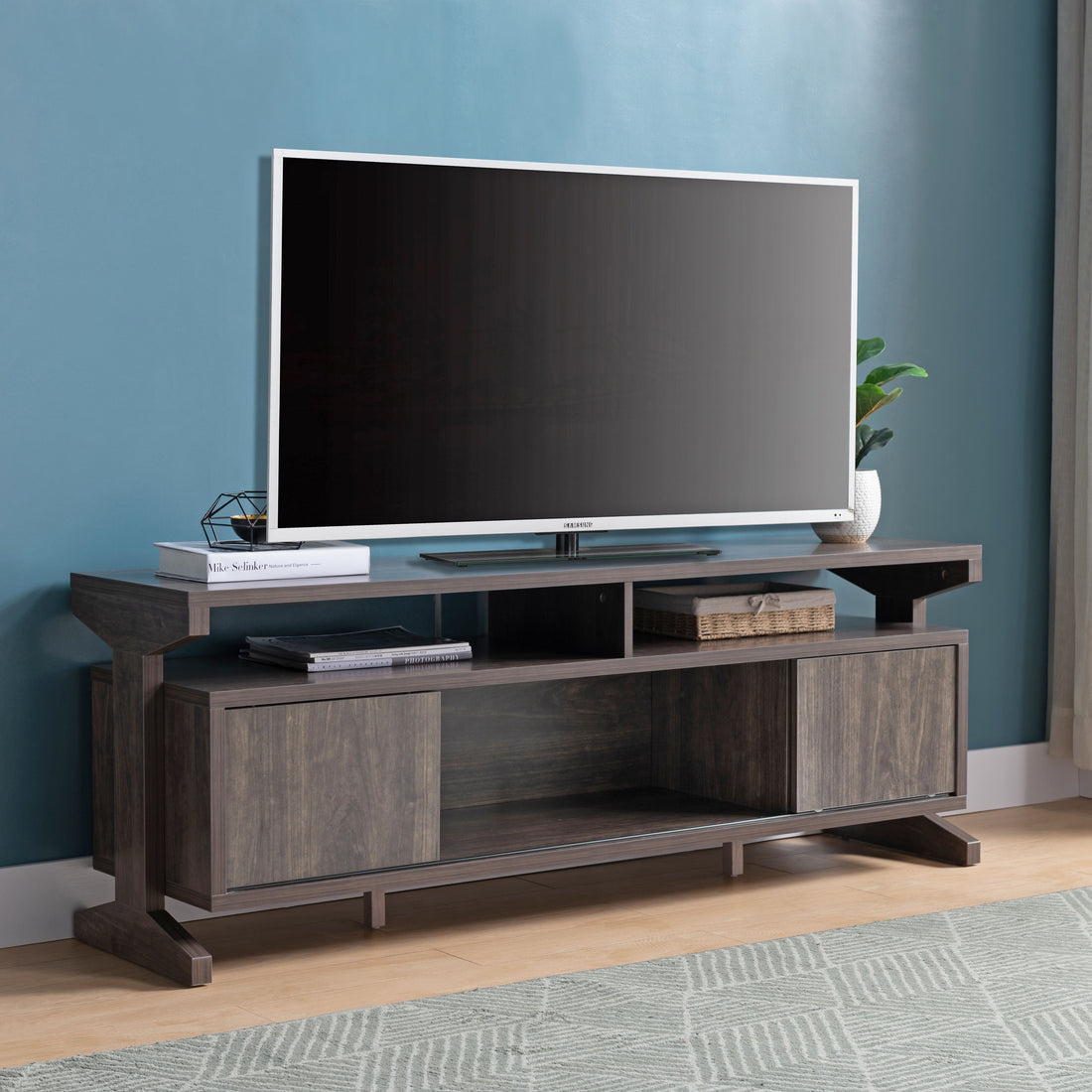 Tv Stand In Brown Walnut With Sliding Doors And Five Shelves Spacious Storage For Media Consoles And Accessories, Sleek And Modern Design Walnut Brown 60 69 Inches Mdf