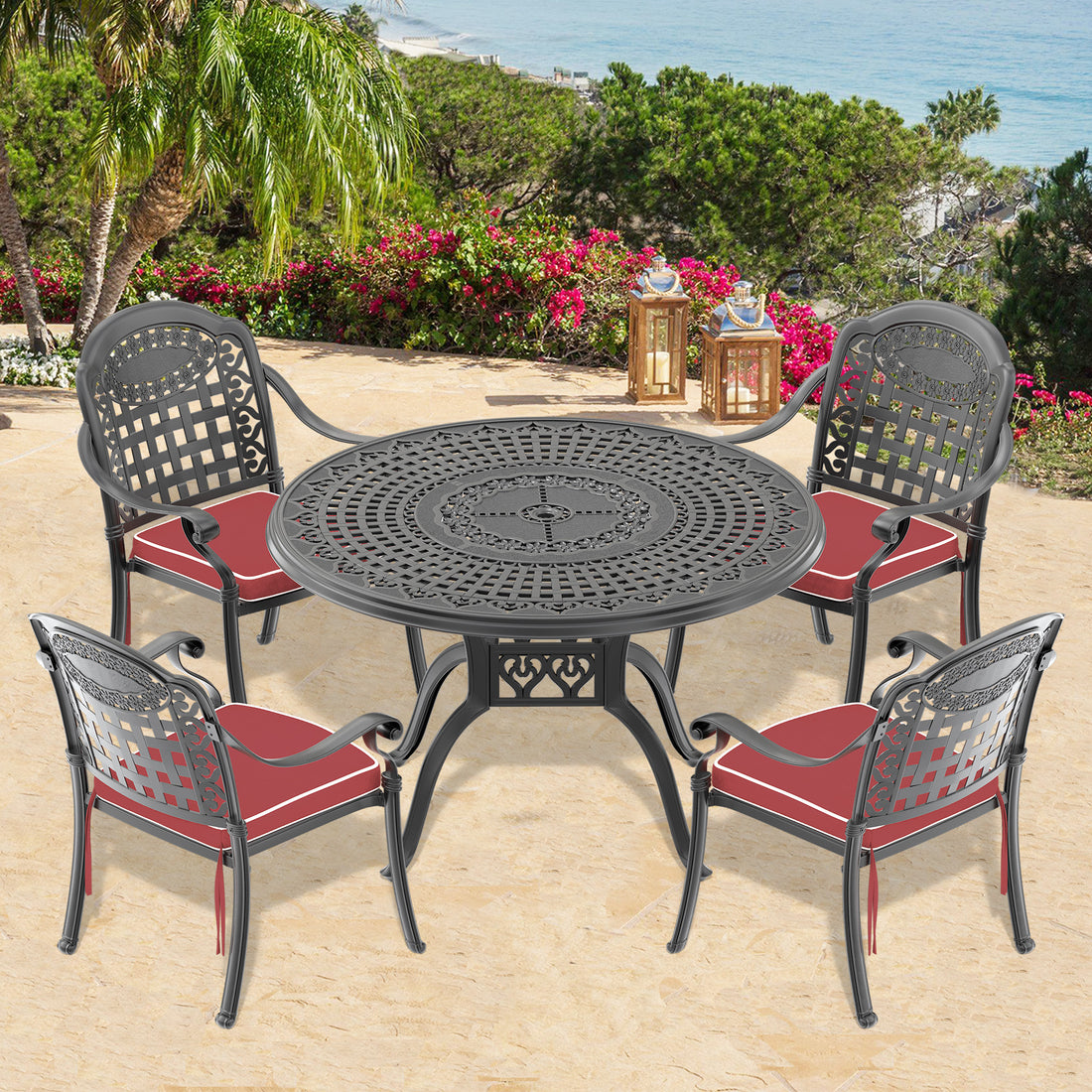 Cushions In Random Colors 5 Piece Set Of Cast Aluminum Patio Furniture With Cushions Yes Dining Set Black Seats 4 Rust Resistant Frame Water Resistant Cushion Garden & Outdoor Complete Patio Sets Aluminium
