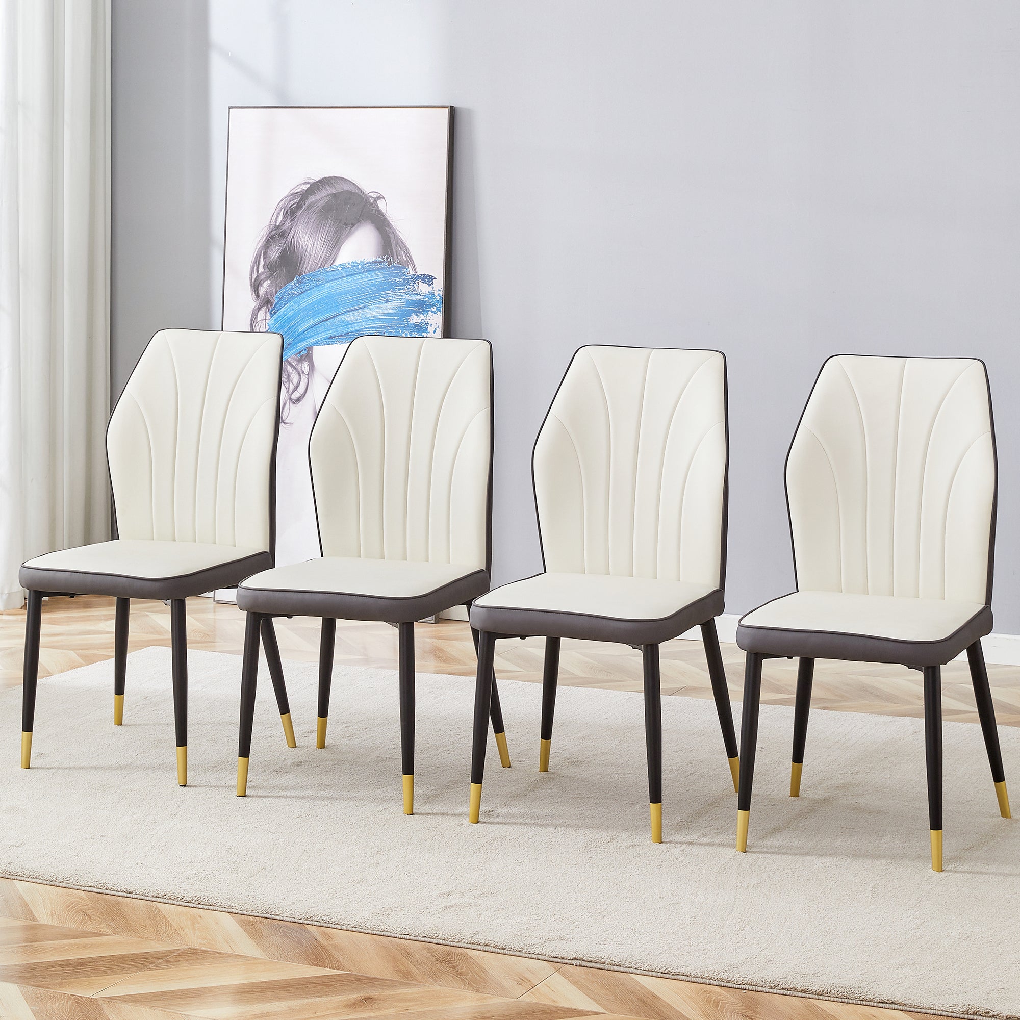 4 Modern Dining Chairs With Stylish Pu Patterned Backrest And Black Metal Legs For A Comfortable Home Experience In The Kitchen, Bedroom And Office. White Gray Pu