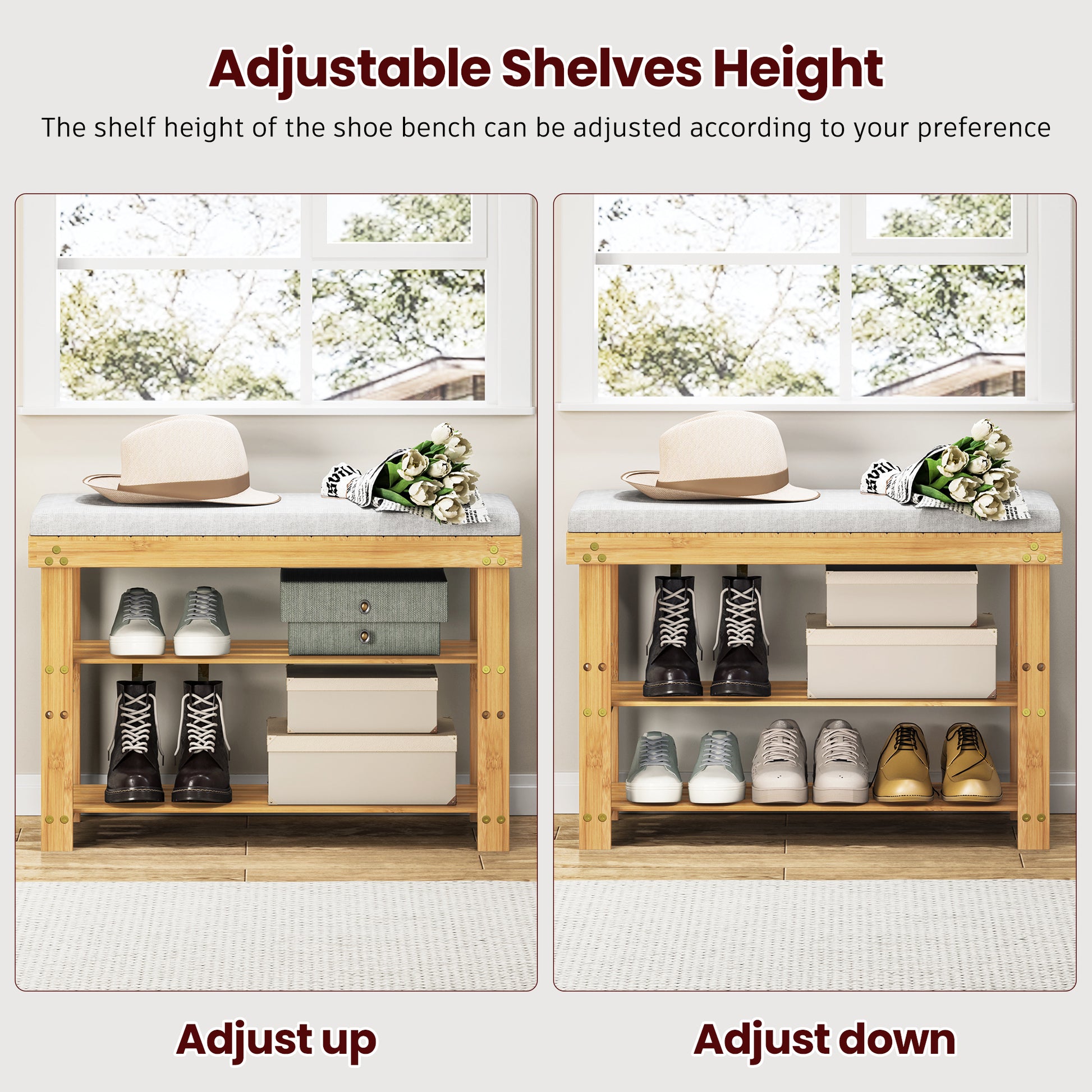 Bamboo Shoe Bench, 3 Tier Shoe Rack, Entryway Bench With Cushion And Adjustable Shelves, Shoe Rack For Entryway, Hallway, Mudroom And Living Room, Bamboo Khaki Bamboo