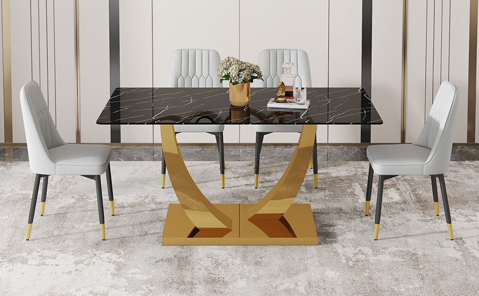 Table And Chair Set.Modern Rectangular Dining Table With Black Textured Stickers Glass Tabletop And Gold Plated Metal Legs.Paried With 4 Comfortable Chairs With Pu Seats And Black Metal Legs. Black