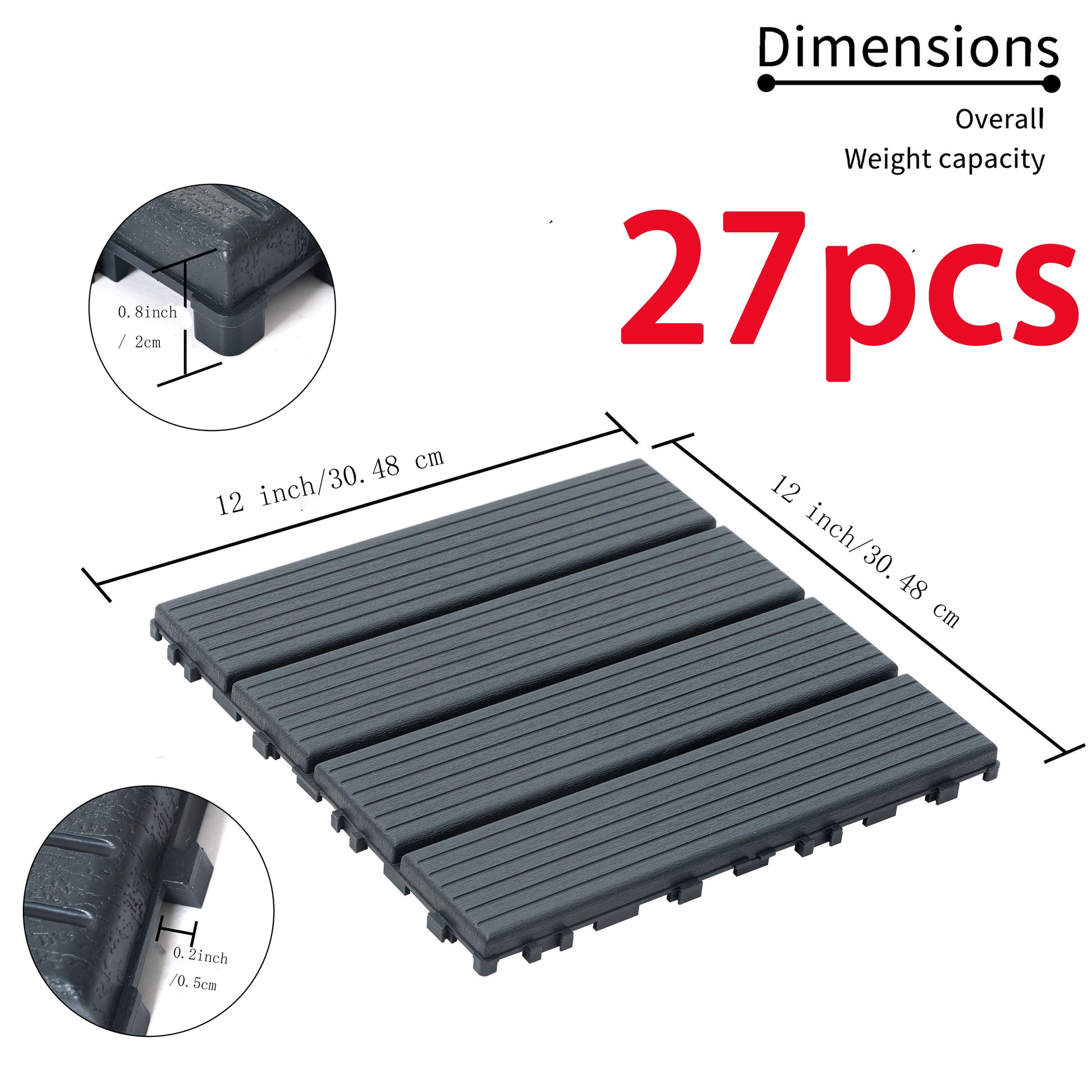 27 Pack Interlocking Plastic Deck Tiles 12"X12" Square Waterproof Outdoor Poolside Balcony Backyard Decking Tiles Easy Installation Sturdy Pp Material Strong Load Bearing Capacity Grey Plastic