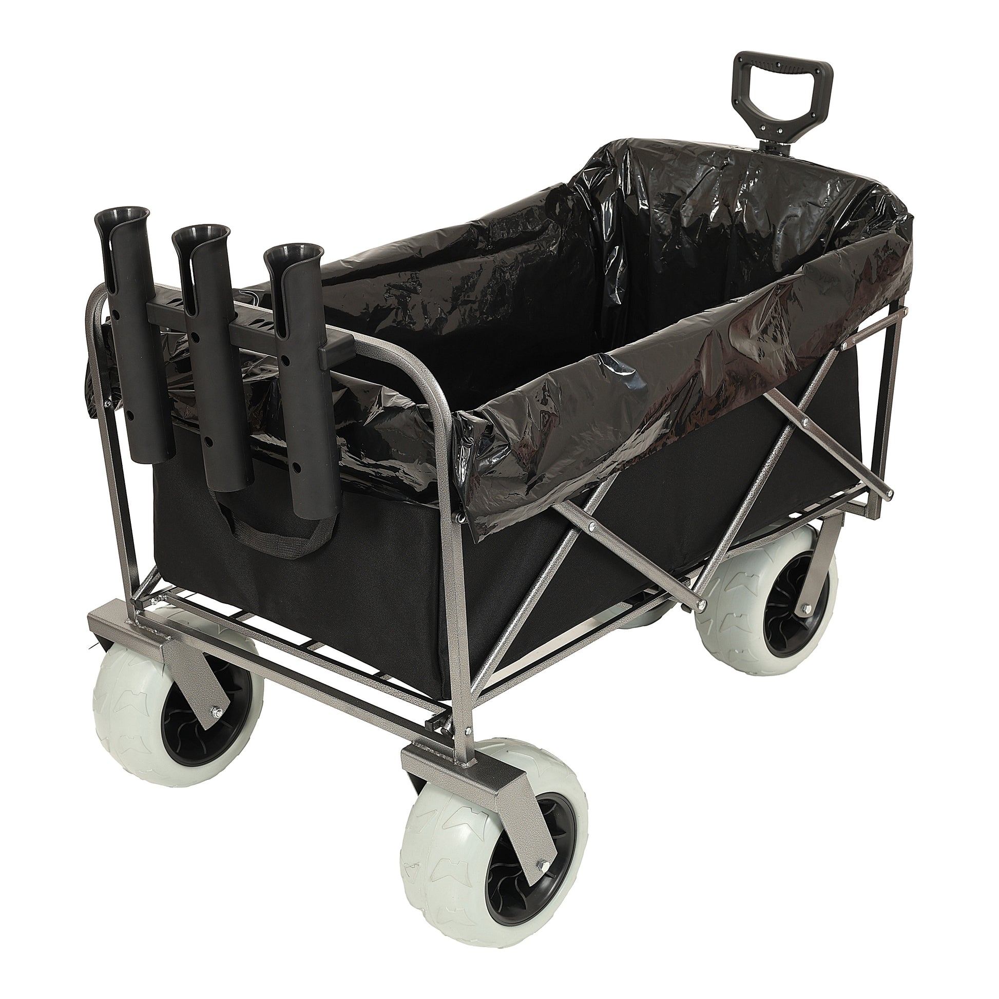Fishing Cart With Rod Holders ,Beach Wagon With Big Wheels For Sand 500Lbs Capacity All Terrain Steel Frame Utility Cart With 9" Pneumatic Tires,Strap With Multiuse Bag ,Black Black Steel