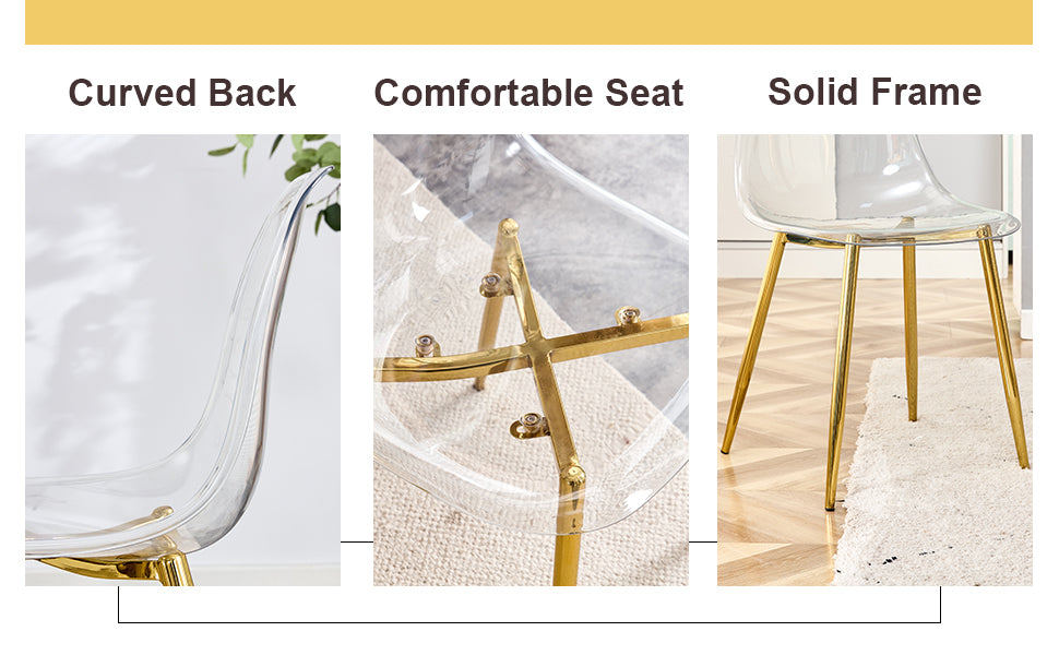 Table And Chair Set.Modern Luxurious White Marble Patterned Tempered Glass Dining Table Set With Transparent Pp Chairs.8 Transparent High Quality Pp Dining Chairs With Golden Legs. White Gold Seats