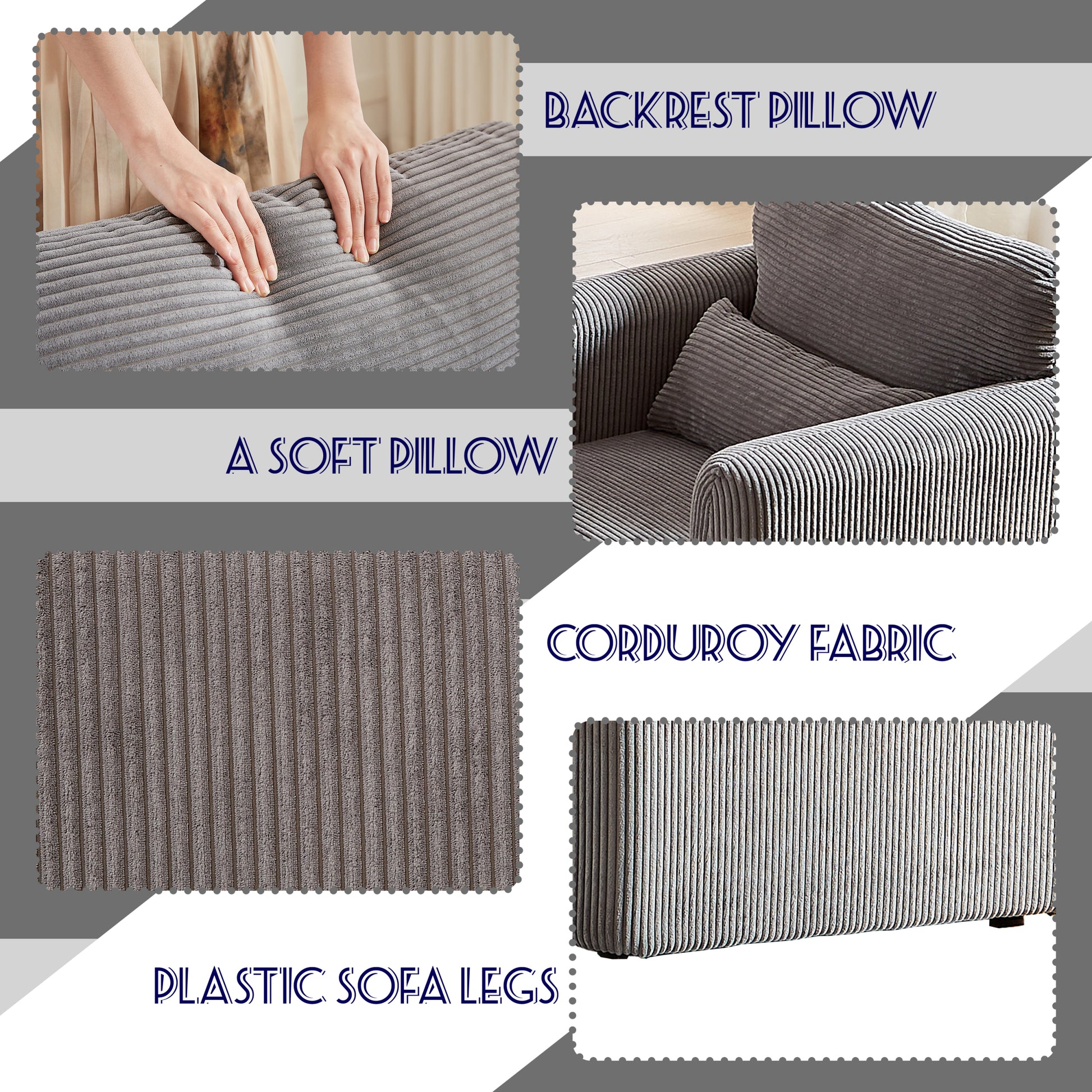 Two 60"Corduroy Fabric Sofa With 33" Single Sofa, Modern Sofa With Support Pillow, For Apartment, Office, Living Room & Bedroom Grey Corduroy 5 Seat