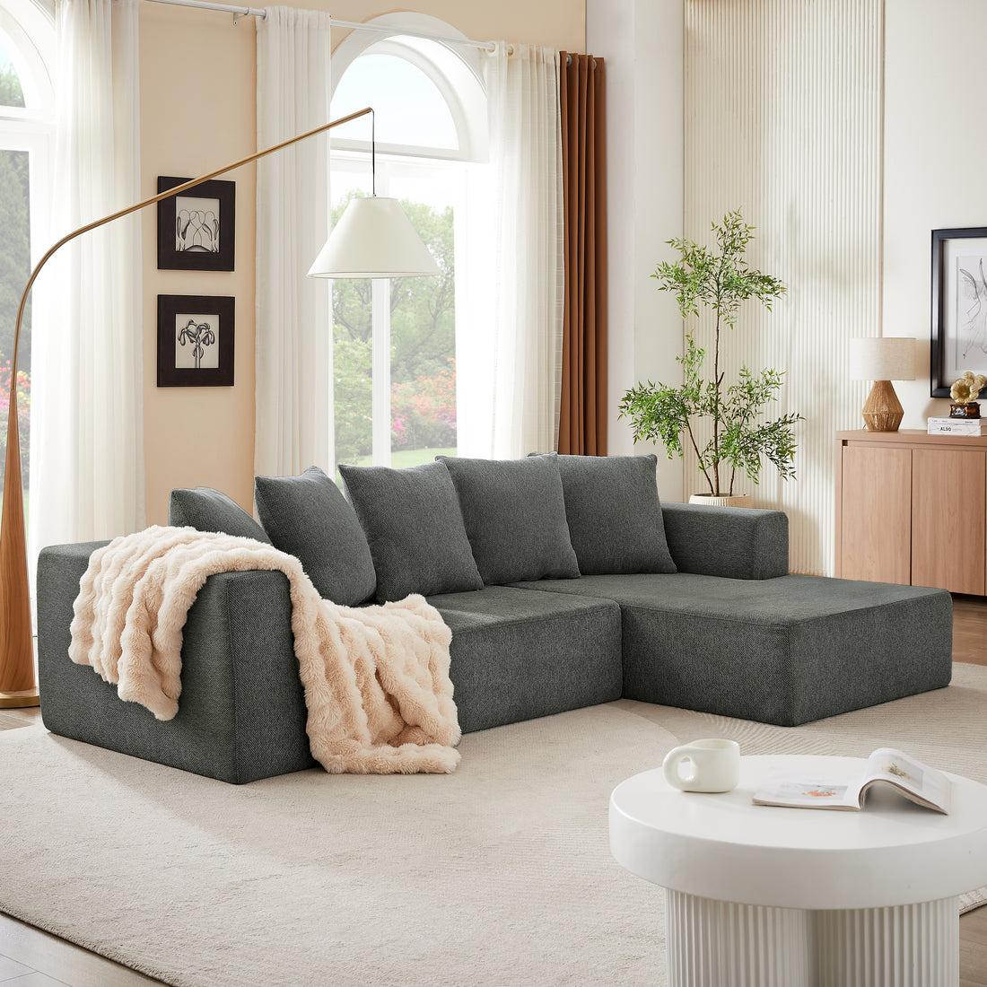 Chenille L Shaped Sectional Sofa Set,Minimalist Style Modular Sectional Sofa, Luxury Chenille Fabric Cloud Couch For Living Room Grey Chenille 4 Seat