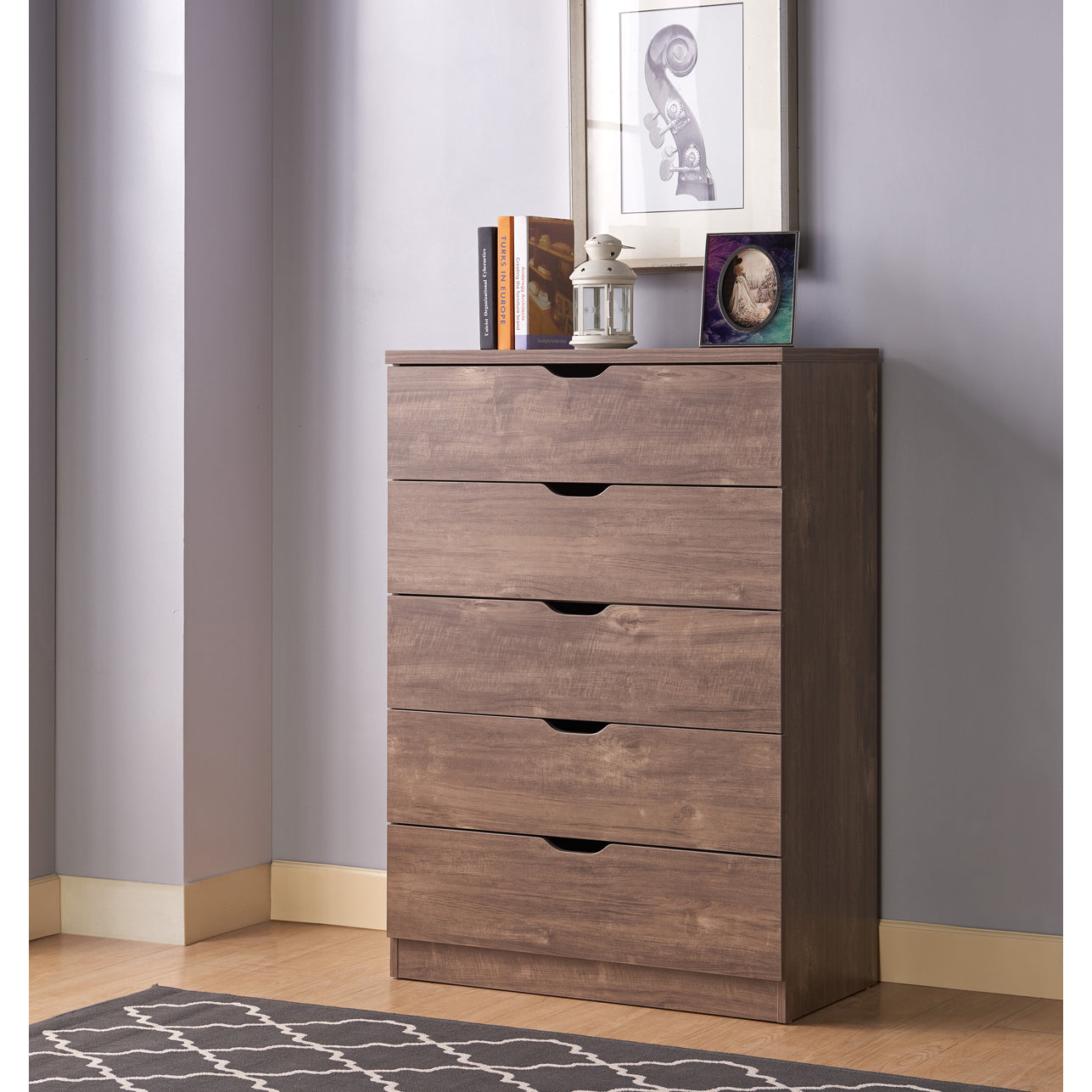 Functional 5 Drawer Chest In Hazelnut Finish Hazelnut Mdf