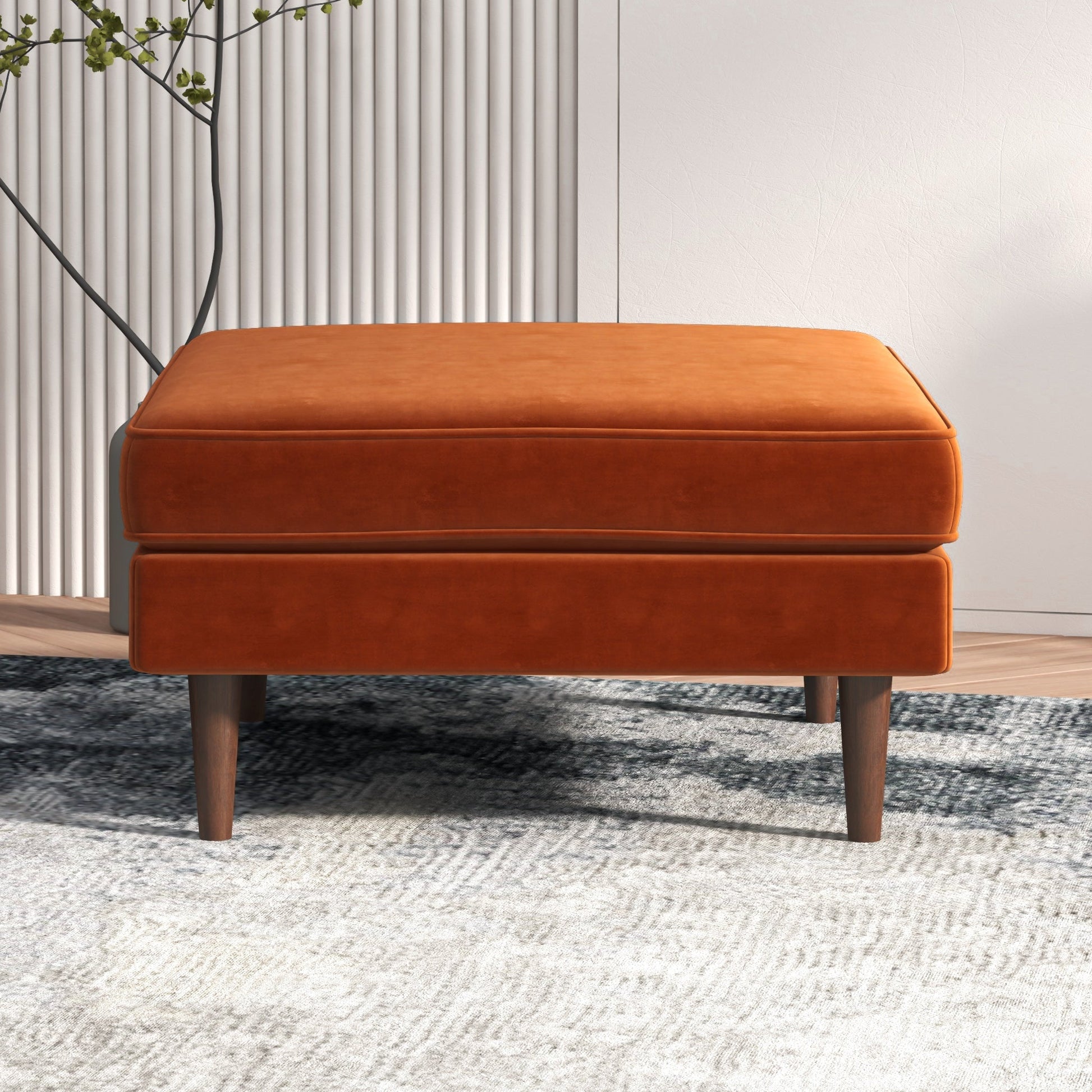 Amber Square Upholstered Ottoman Burnt Orange Velvet Burnt Orange Velvet Wood Medium Firm Backless Orange Mid Century Modern Square Armless Foam Solid Wood,Velvet