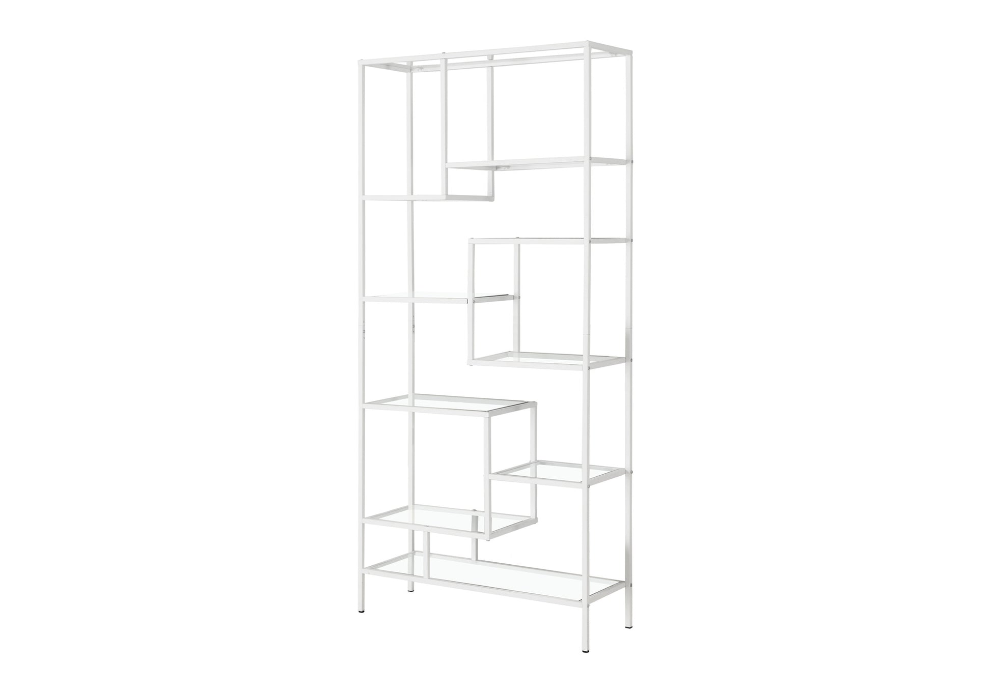 Bookshelf, Bookcase, Etagere, 72"H, Office, Bedroom, Clear Tempered Glass, White Metal, Contemporary, Modern White Tempered Glass