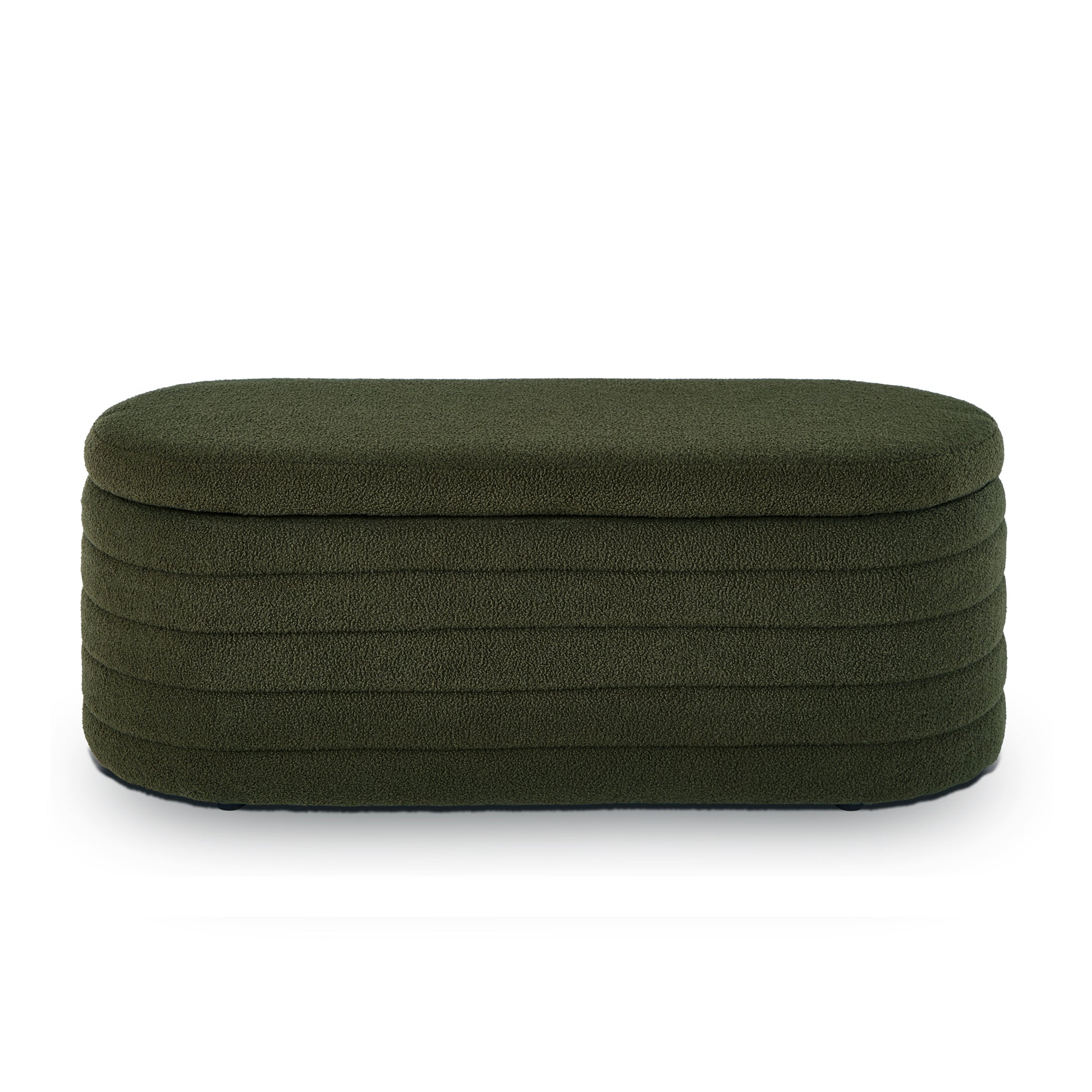 Modern Oval Storage Ottoman Bench, Upholstered Boucle Teddy Fabric End Of Bed Bench With Storage, End Of Bed Stool With Safety Hinge For Bedroom, Living Room, Entryway, Dark Green Dark Green Primary Living Space Oval Black American