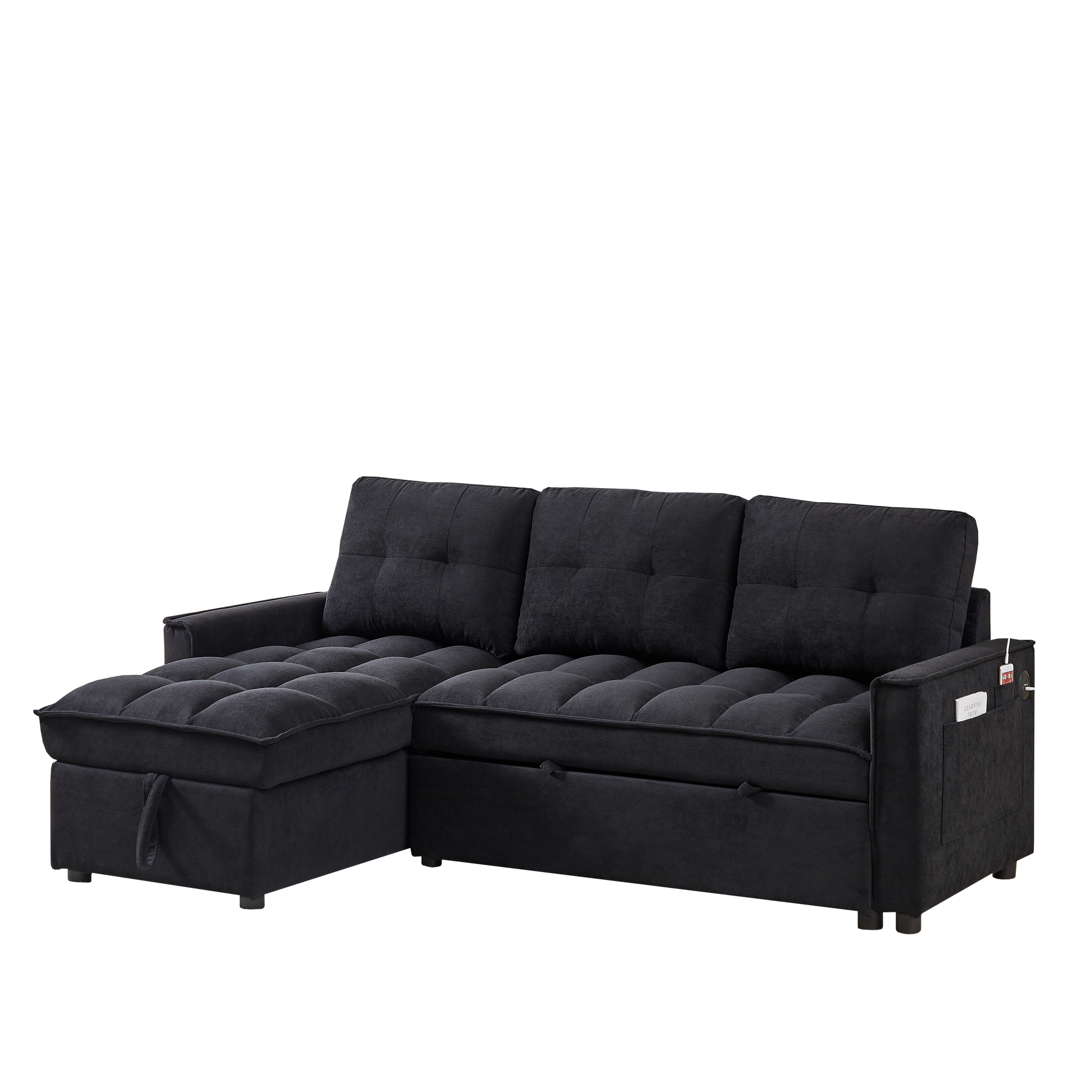 Mh 78.75" Reclining Sofa, Pull Out Sofa Bed With Usb And Tape C Charging Ports, L Shaped Sectional Sofa With Reclining Storage And Arm Side Organizer Pocket Features, Living Room Comfort Sofa Black