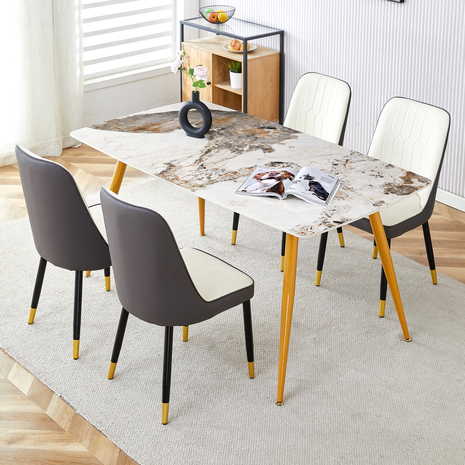 Table And Chair Set.Modern Minimalist Dining Table. White Imitation Marble Pattern Sintered Stone Desktop With Golden Metal Legs.Paried With 4 Comfortable Chairs With Pu Seats And Black Metal Legs.