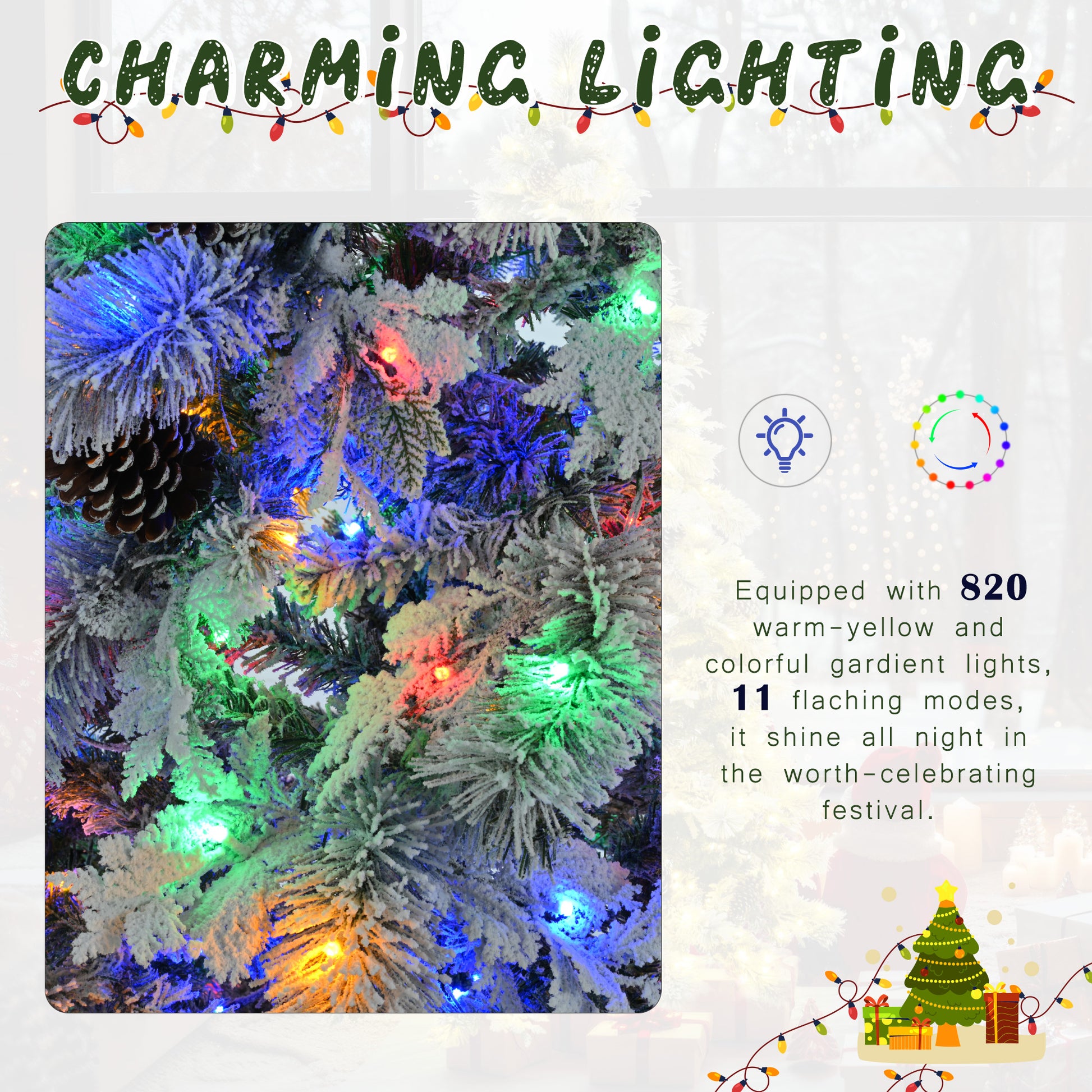 Pre Lit Spruce Snow Flocked Xmas Tree Set 4Ft, 6Ft, 7.5Ft With Pine Cones, Pe & Pvc Mixed Leaves, Artificial Hinged Xmas Tree With 820 Led Lights & 11 Flashing Modes, Perfect For Holiday Decoration White Green Polyethylene,Pvc