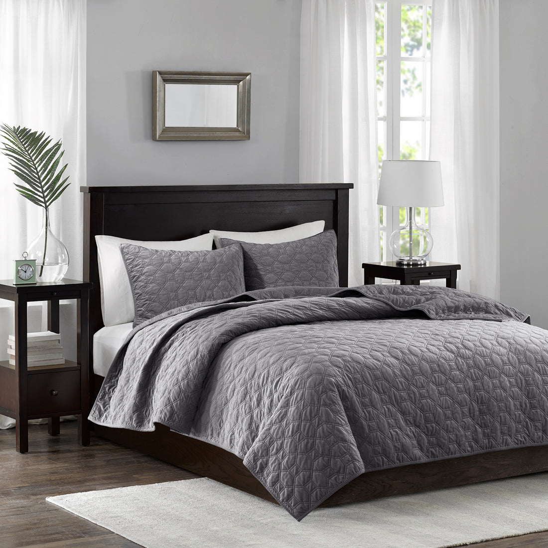 3 Piece Velvet Quilt Set Grey Full Queen Full Grey Cotton