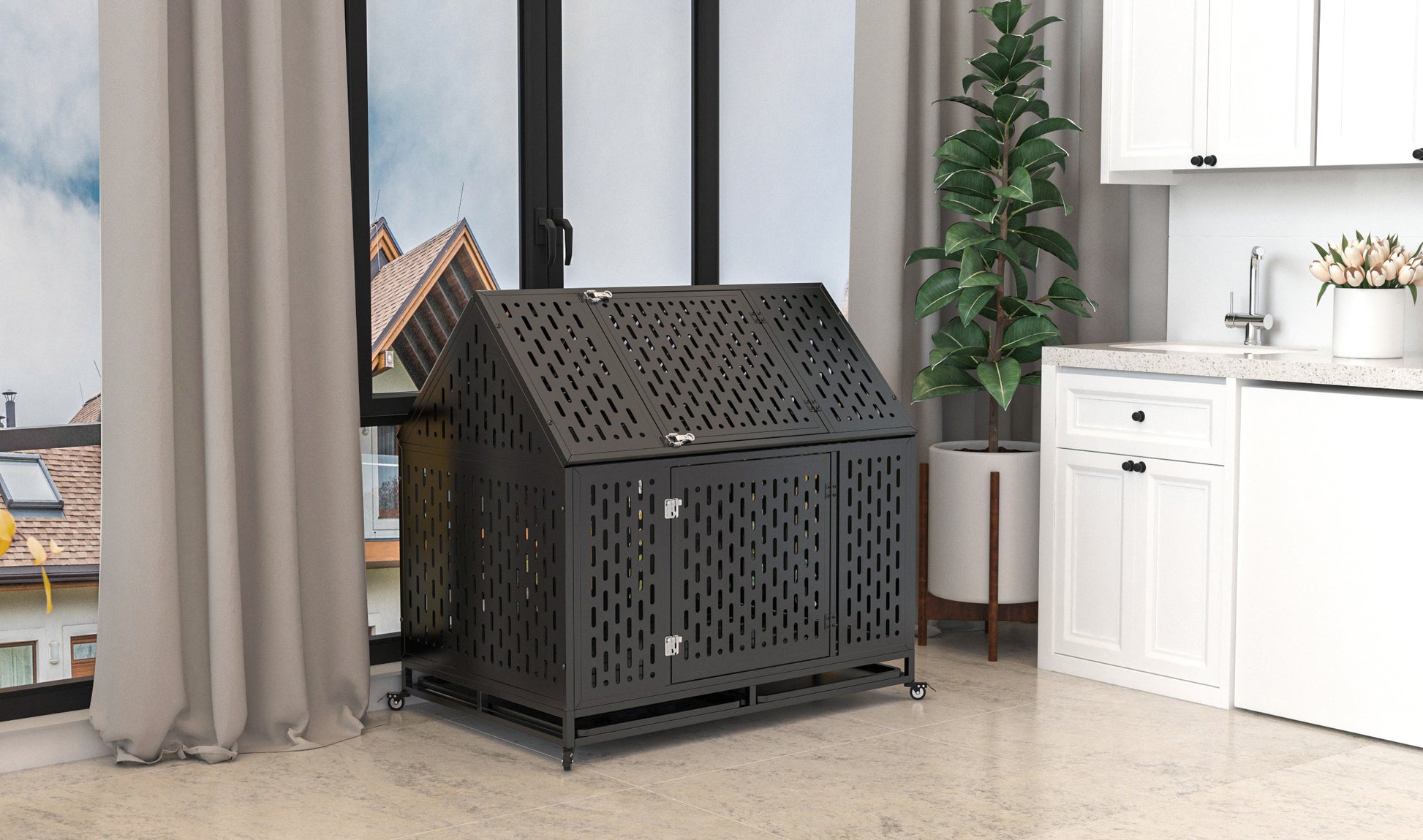 45" Heavy Duty Dog Crate 45 Inch Indestructible Pet Dog Cage Crate Kennel With Roof Top 2 Doors Removable Trays, Lockable Wheels, Escape Proof For High Anxiety Large Extra Dogs Black Outdoor Kennel Large 41 70 Lbs Steel