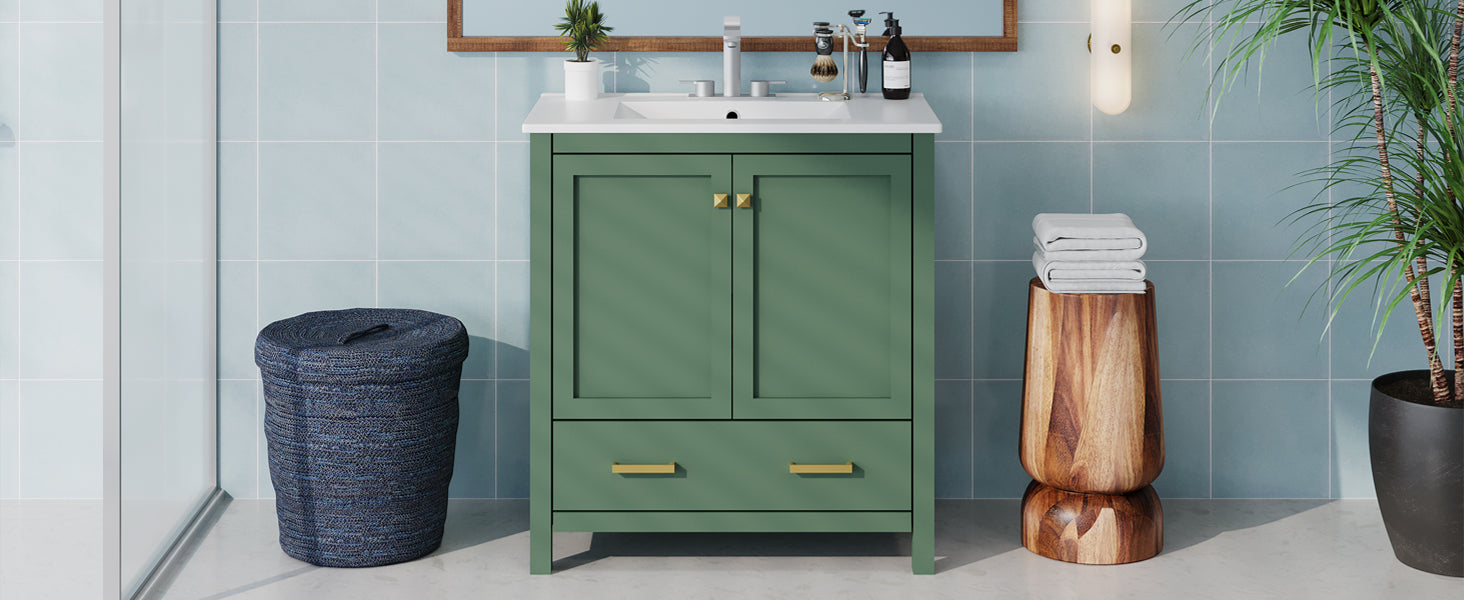 30 Inch Green Bathroom Vanity With Single Sink, Combination Under Counter Sink, Bathroom Storage Cabinet With 2 Doors And A Drawer, Soft Closure, Multifunctional Storage, Solid Wood Frame Green Bathroom Solid Wood Mdf