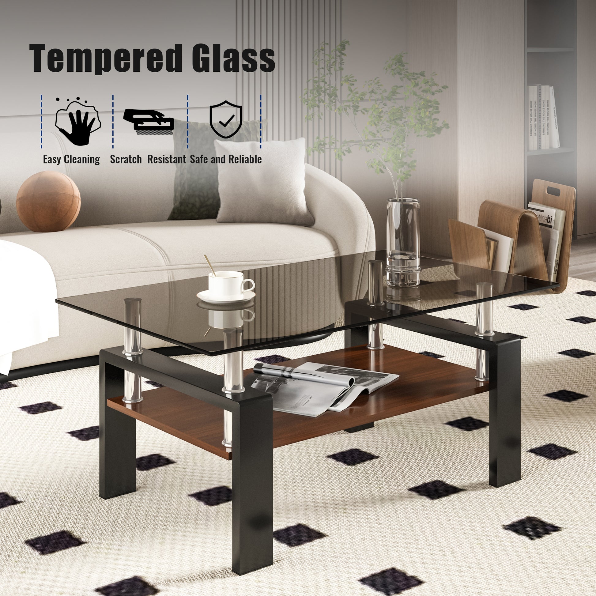 Rectangle Coffee Table, Tempered Glass Tabletop With Mdf Layer, Modern Table For Living Roomgray Glass Gray Tempered Glass