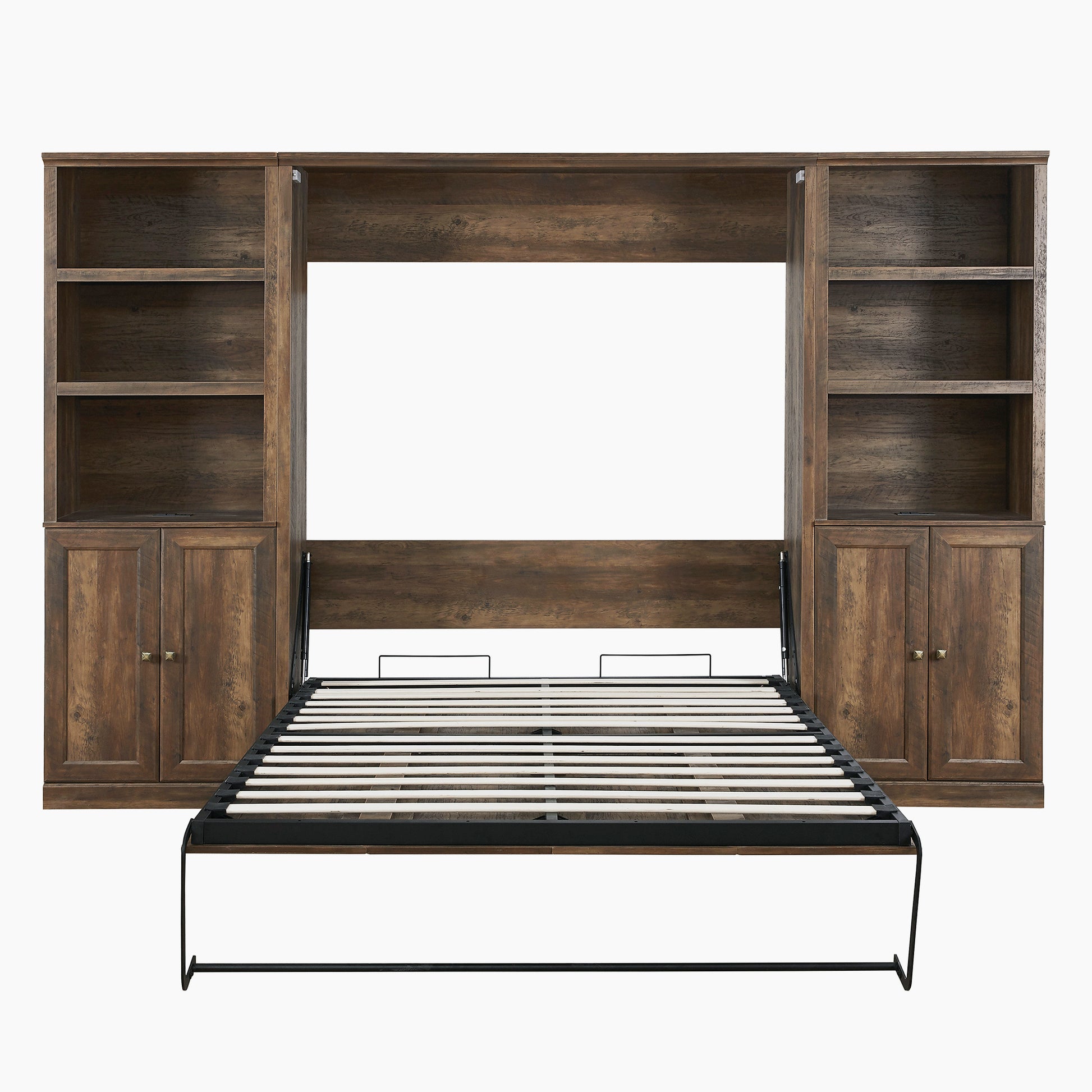 Full Size Half Self Close And Open Murphy Bed With 2 Side Cabinet Storage Shelf, Cabinet Space Saving Bed Perfect For Guest Room, Bed Room, Guest Room, Home Office, Brown Box Spring Not Required Full Brown Wood Brown Pine Murphy Solid Wood Mdf