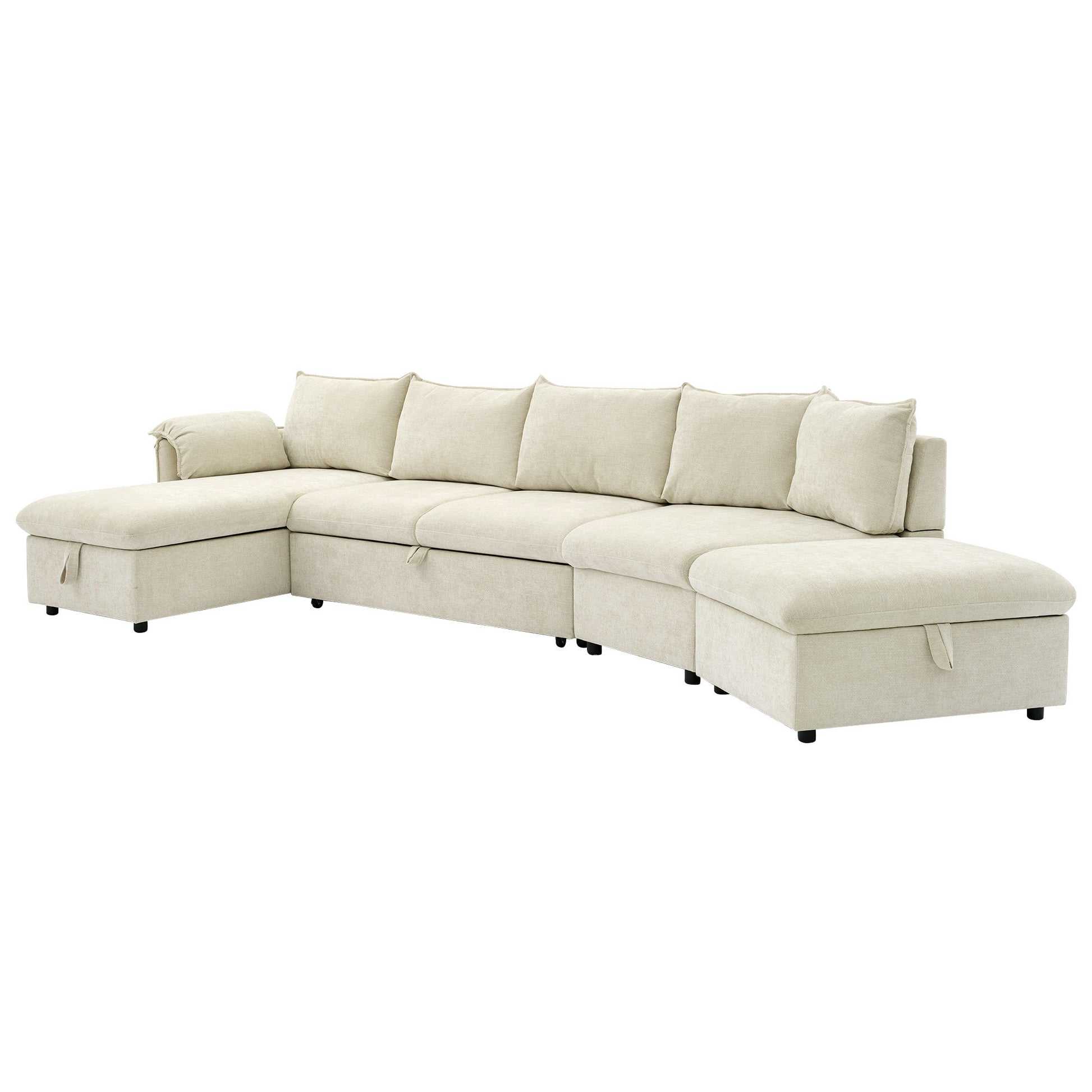 146.9" L Shaped Sofa Sectional Sofa Couch Pull Out Sofa Bed With A Movable Storage Ottoman, A Storage Chaise Lounge And Two Usb Ports For Living Room, Beige Beige Foam Linen 5 Seat