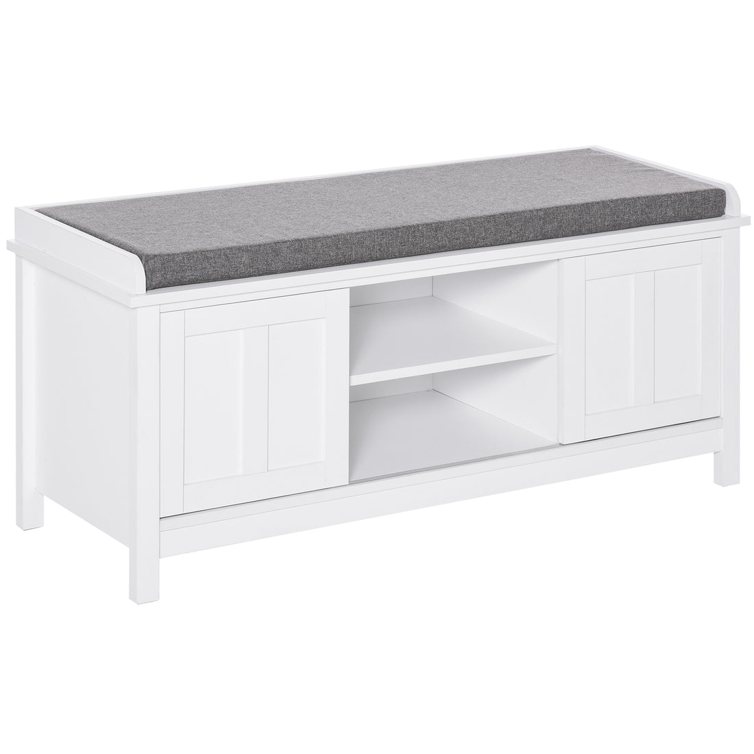 Homcom Entryway Shoe Bench Storage Ottoman With Sliding Doors, Adjustable Shelving, 6 Compartments, And Padded Seat, Holds 10 Pairs, White White Particle Board